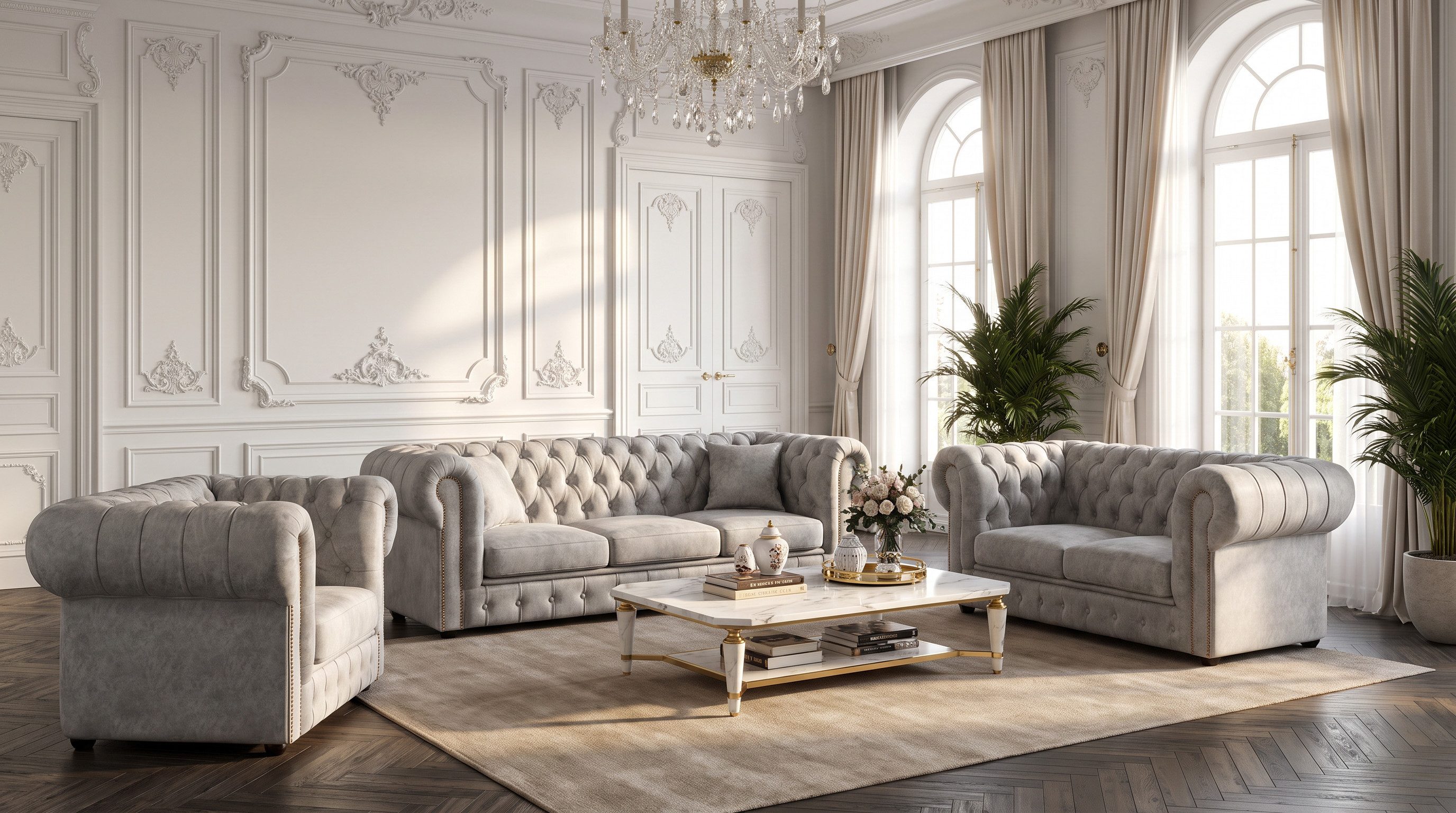 Möbeldreams Chesterfield-Sofa Set 3-teilig - 3-Sitzer, 2-Sitzer & Sessel, 3 Teile, Chesterfield Sofagarnitur Klassik mit Knopfheftung & Ziernägeln