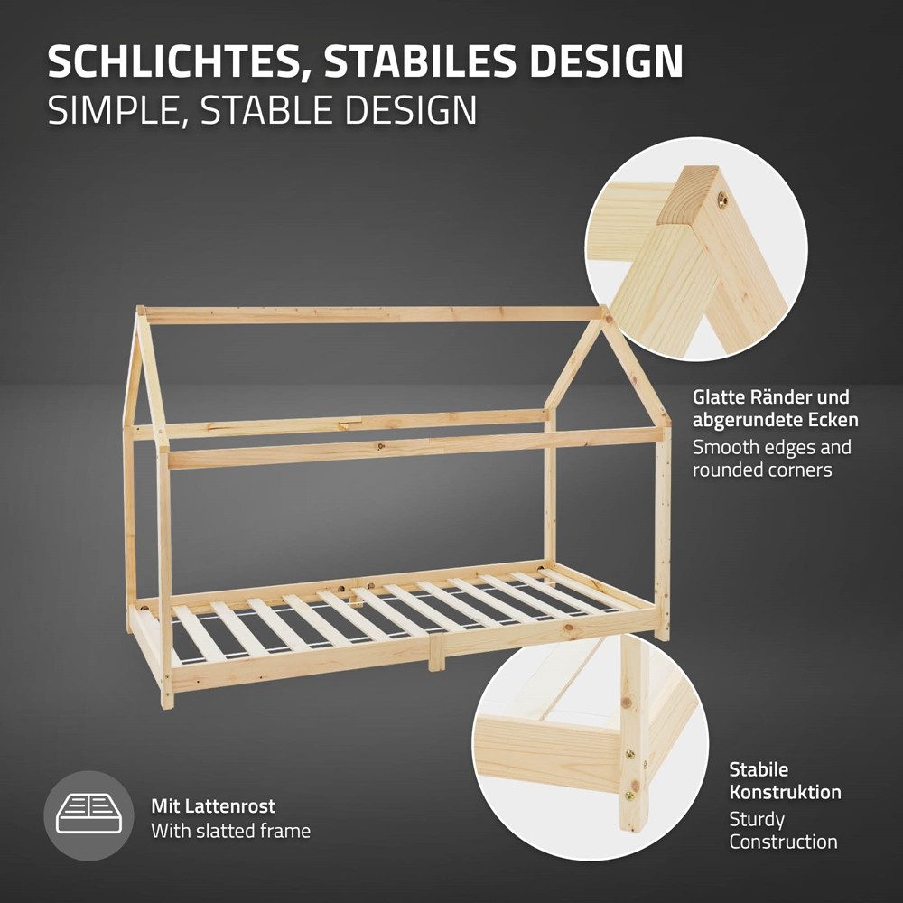ML-DESIGN Spielbett Hausbett Kinderbett inkl. Lattenrost kreativ Bodenbett für Kinder, Abenteuerbett, Haus Bett Himmelbett Kiefer Jugendbett Natur