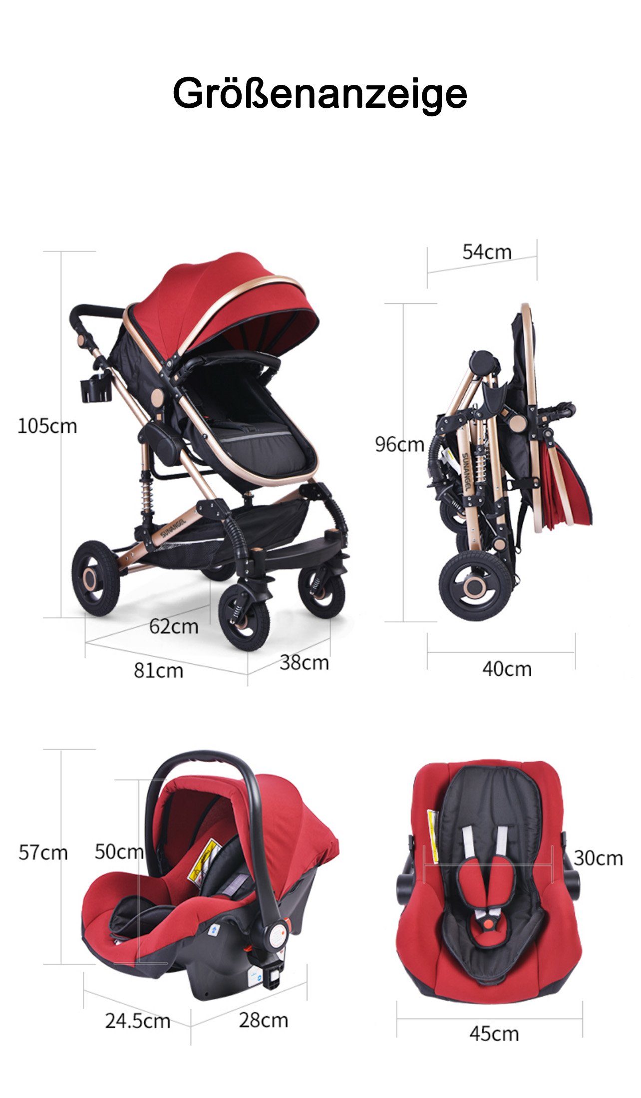 großem Buggy 3 inkl. Babyschale Getränkehalter in 5-Punkt-Sicherheitsgurt Moskitonetz, Baby Babywanne Zubehörset 1 Kinderwagen Kombi-Kinderwagen Grau TPFLiving