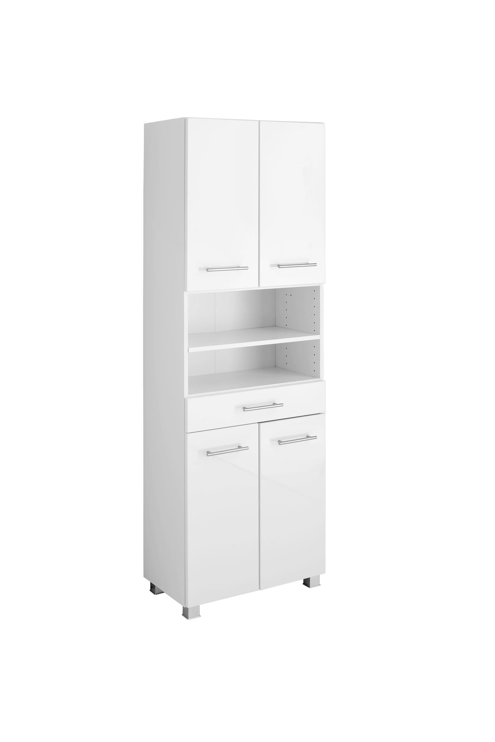 möbelando Hochschrank Porta 35 4 Breite offenem Fach cm Moderner Schubkasten. hochglanz-weiß und 180 4 Weiß, Korpus in aus Spanplatte 1 Holztüren, 60 cm, in mit melaminharzbeschichteter Seitenschrank, 1 MDF Einlegeböden, Höhe aus cm, Tiefe Front