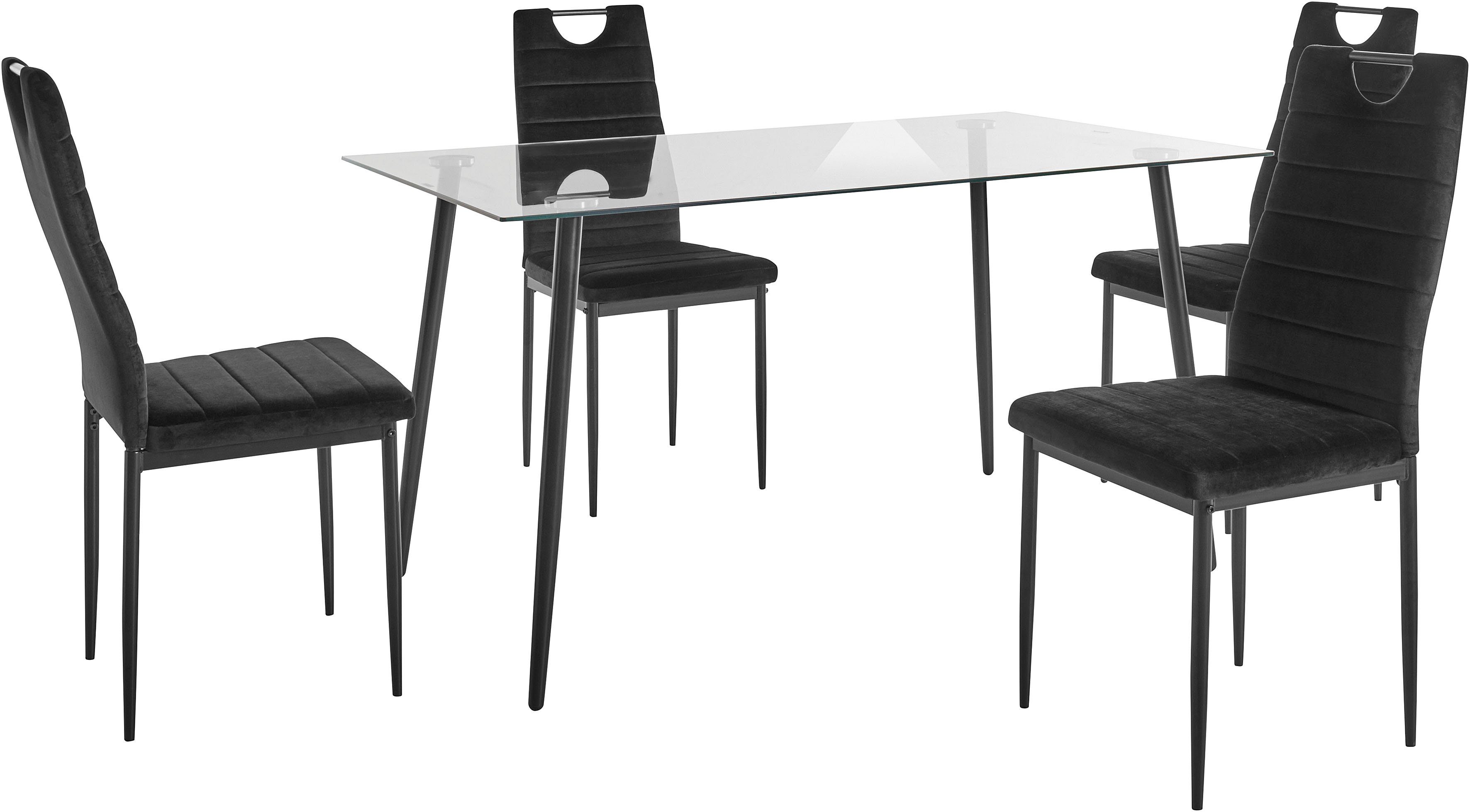 INOSIGN Essgruppe, (Set, 5-tlg), Glastisch, Breite 140 cm und 4 Esszimmerstühlen, Bezug aus Samtstoff schwarz