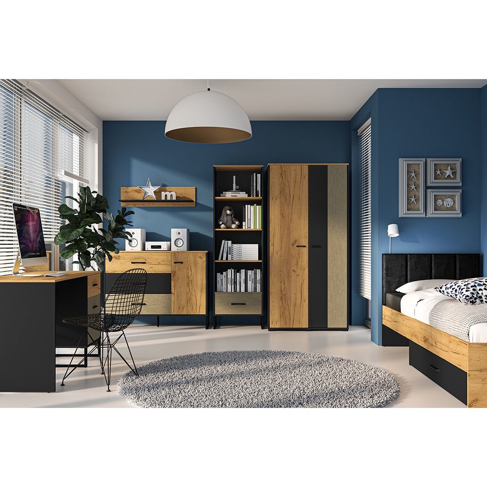 Lomadox Jugendzimmer-Set CASPER-131, (Sparset, 6-tlg), mit Bett 90x200cm in schwarz/Eiche/sandfarben