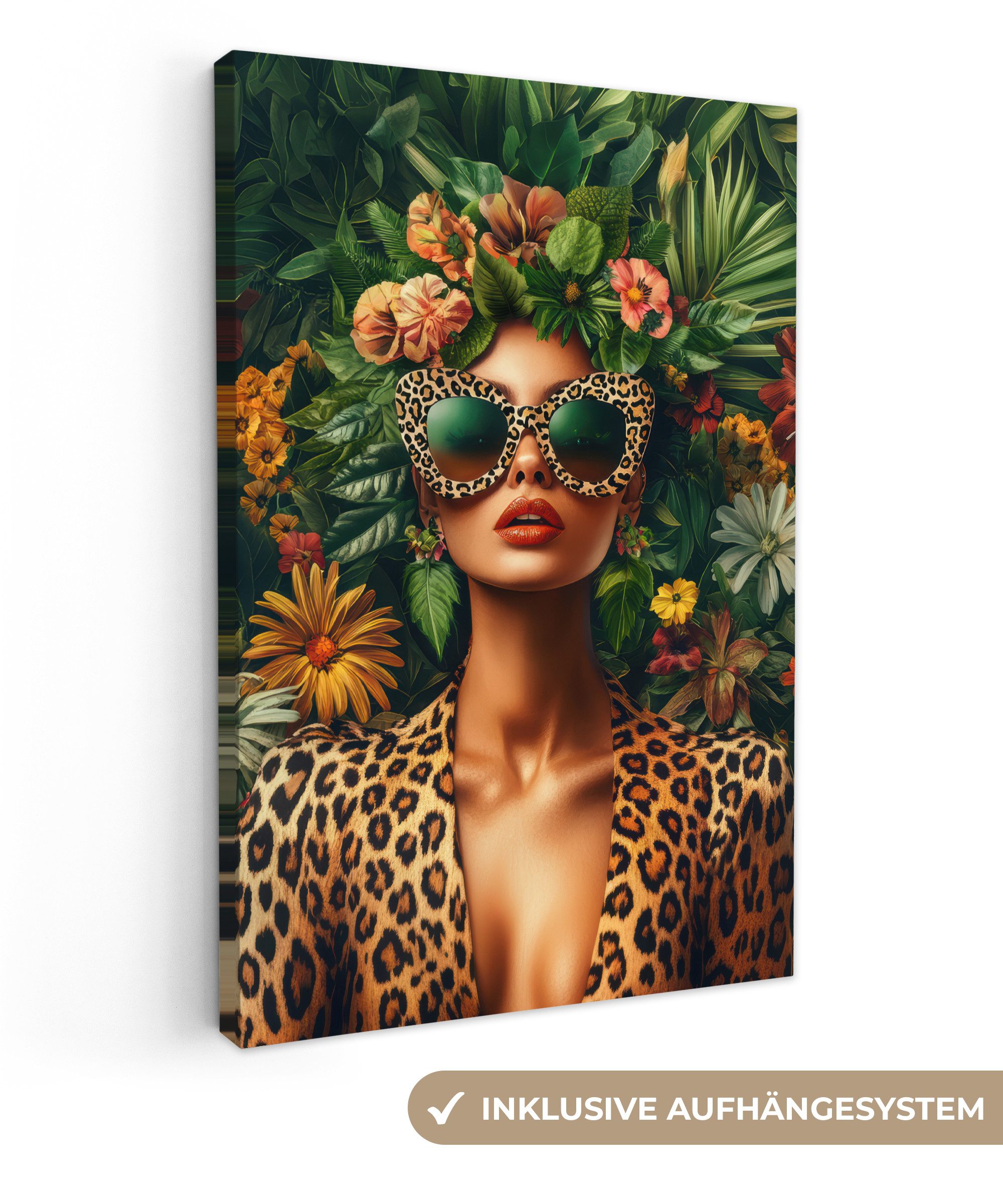 OneMillionCanvasses® Leinwandbild Frau - Pantherdruck - Dschungel - Natur - günstig online kaufen