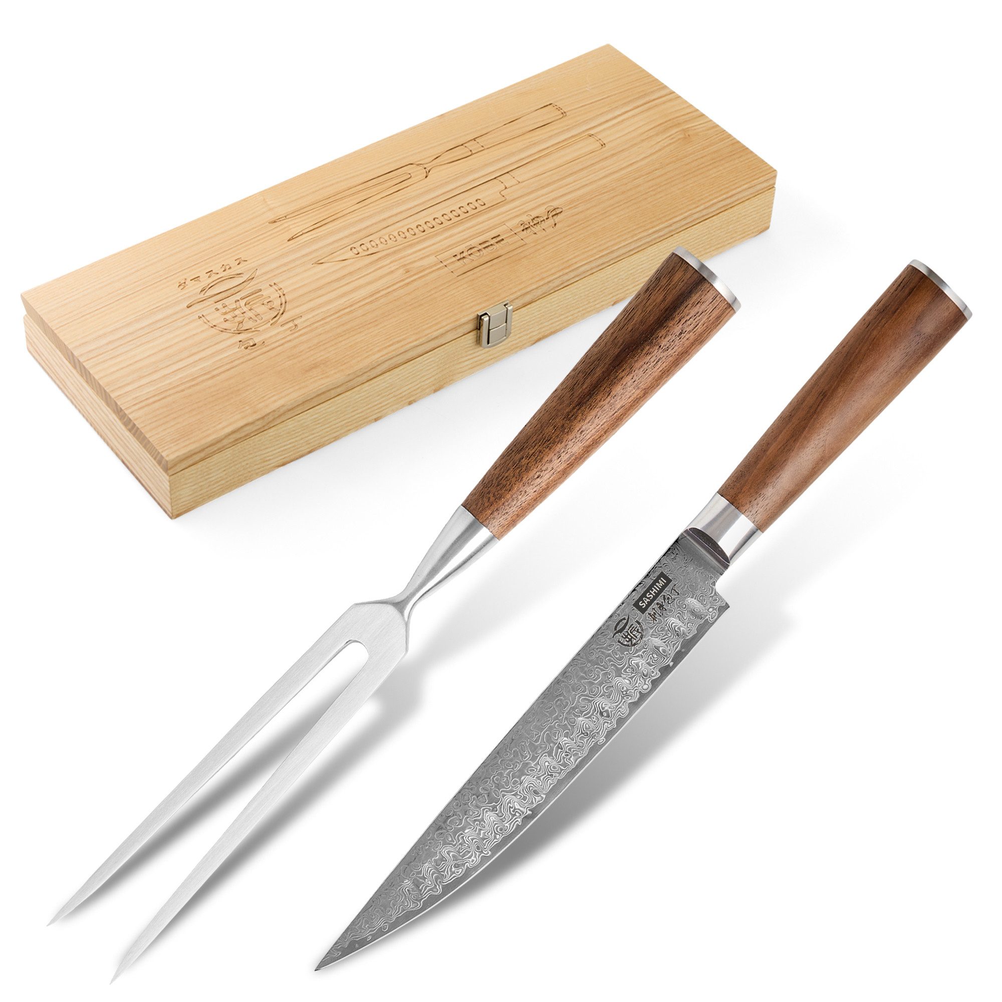 HITOFURI® Damastmesser HITOFURI® KOBE SET Damaskusmesser Premium Fleischgabel Messer 73Lag., inkl. einer edlen Holzbox, Messerscheide, Pflegetuch sowie Pflegeöl