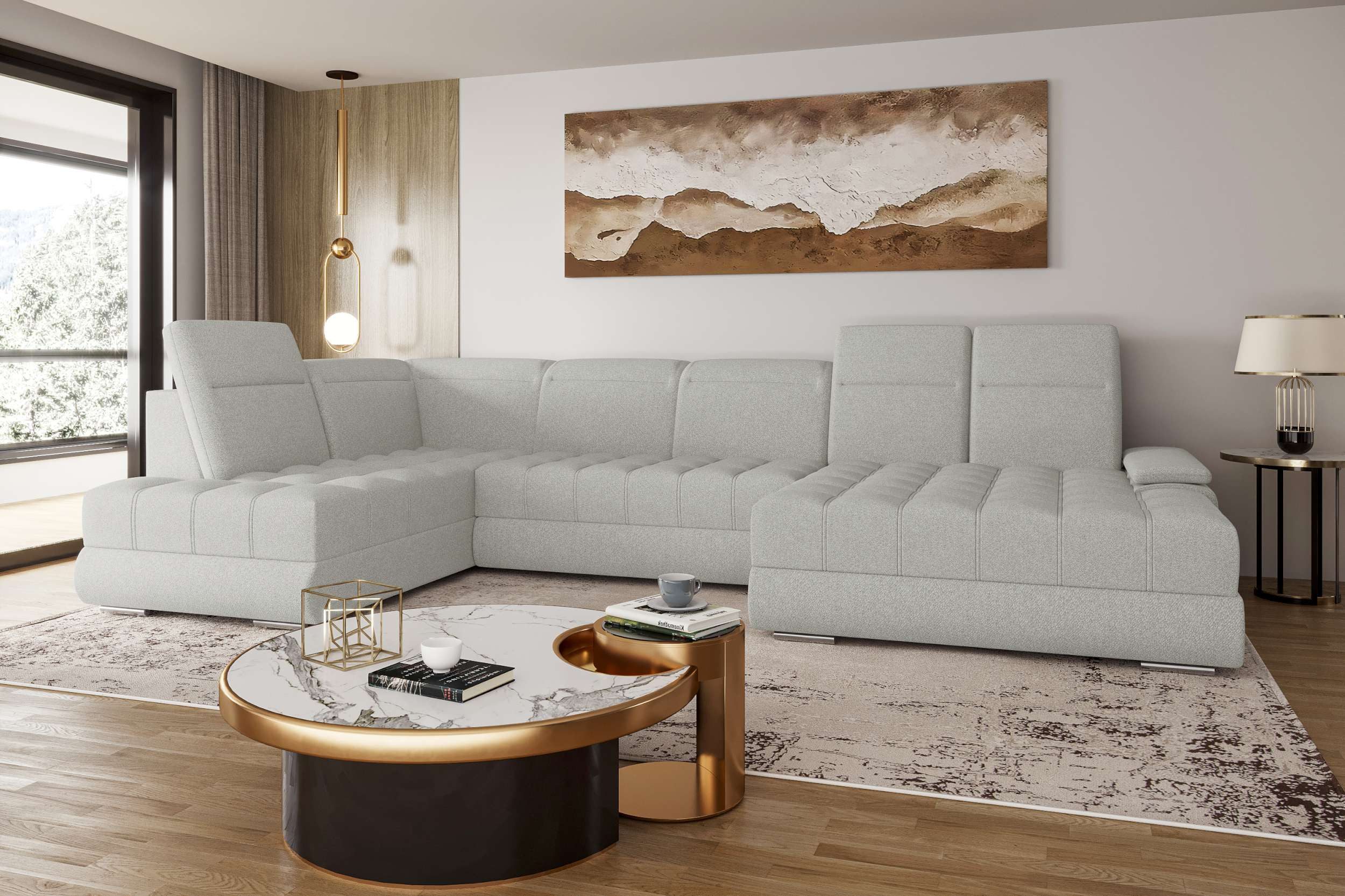 99rooms Wohnlandschaft Toscana, Sofa, U-Form, Rundumbezug aus Strukturstoff NEVE, mit und ohne Schlaffunktion