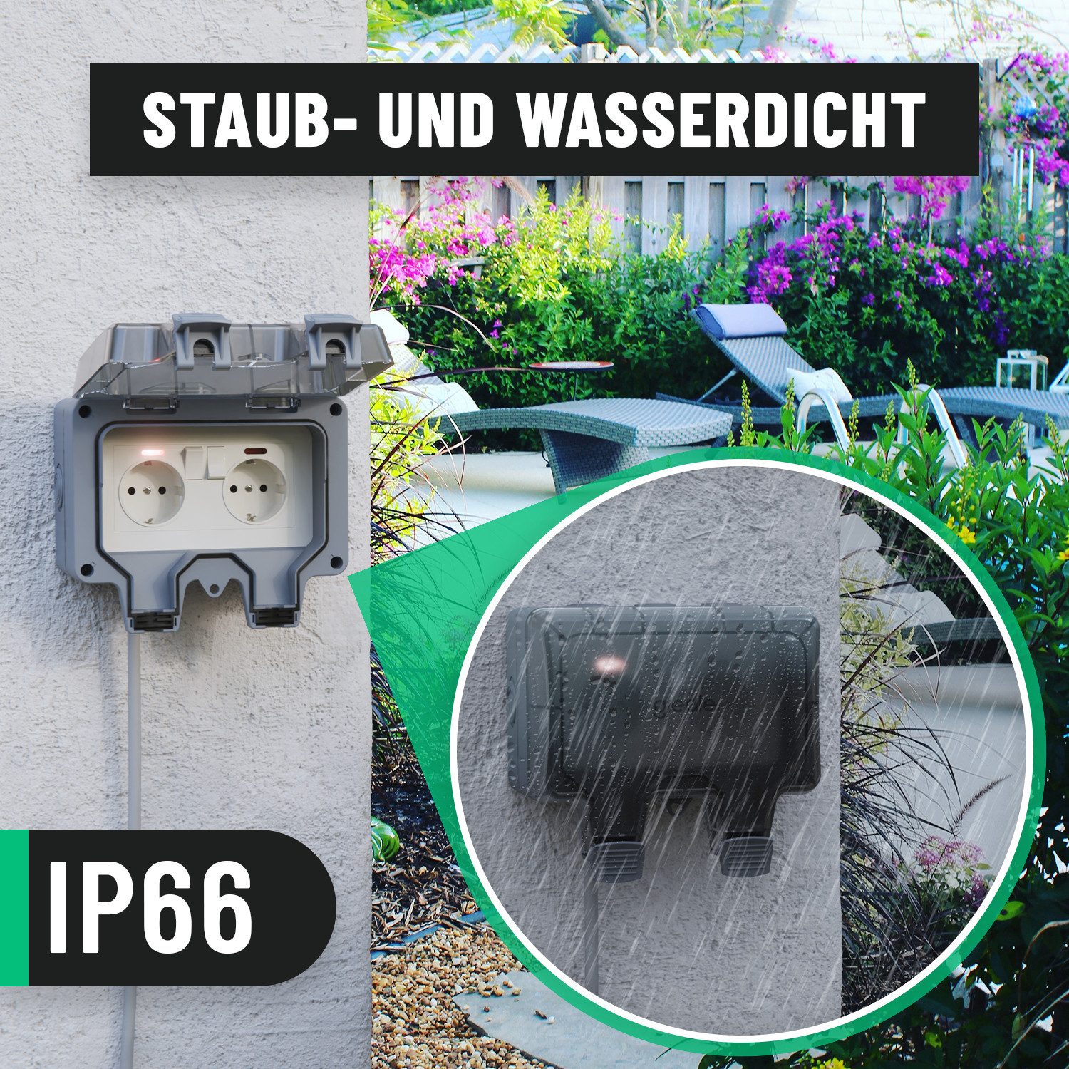 greate. 1x abschließbare Außensteckdose + Schalter - 2fach wasserdicht IP66 Steckdosenleiste
