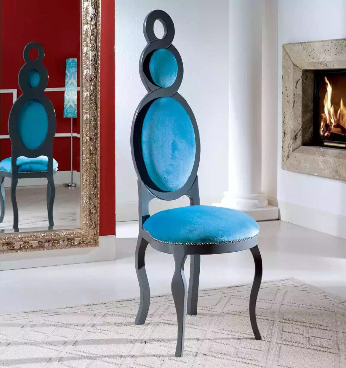 JVmoebel Stuhl Modern Esszimmer Möbel Holz Stuhl Blau Stuhl Textil Möbel (1 St), Made in Italy