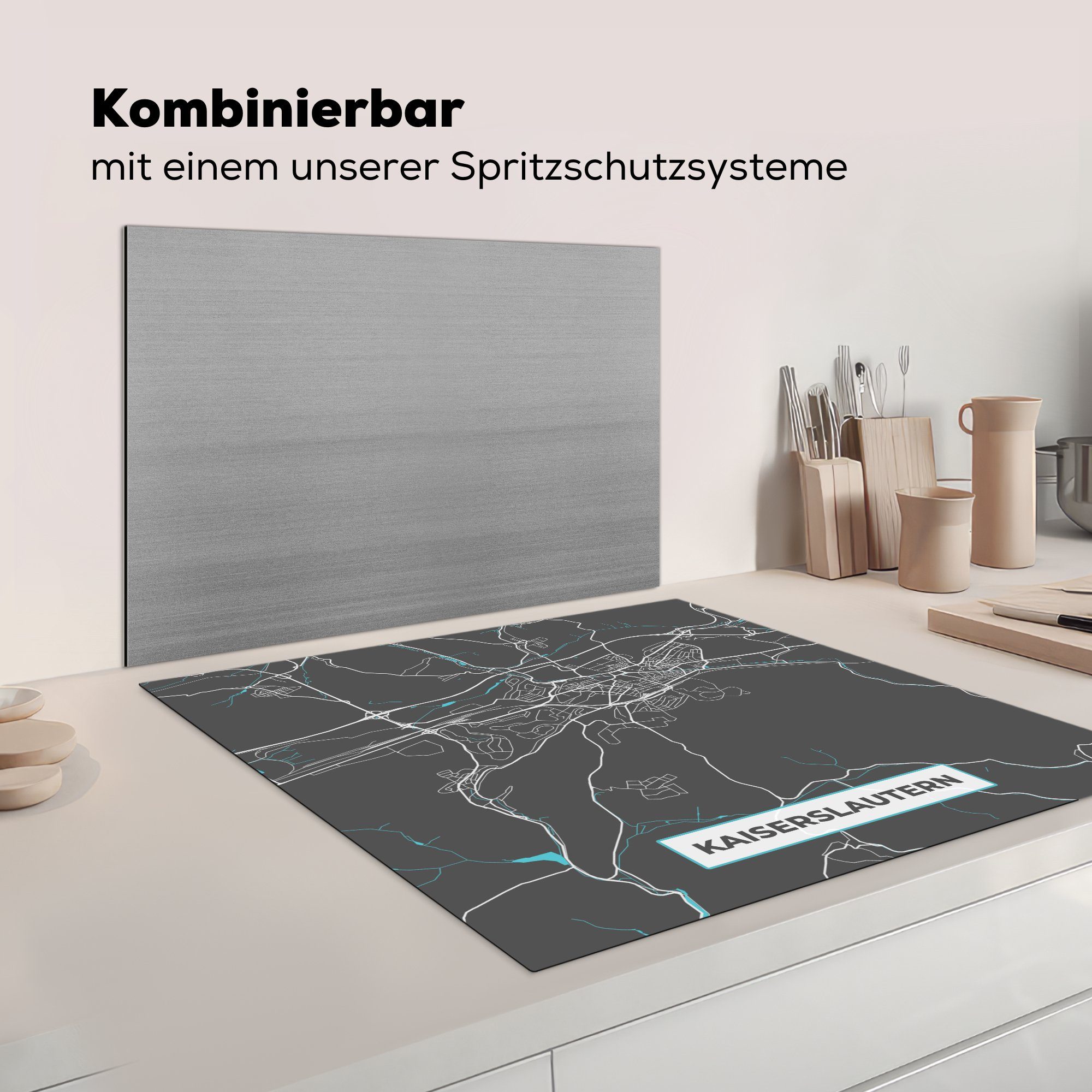 Kaiserslautern küche - - Herdblende-/Abdeckplatte Stadtplan (1 von 78x78 für MuchoWow Karte, tlg), Ceranfeldabdeckung, - Deutschland Blau Arbeitsplatte cm, Vinyl, Karte -