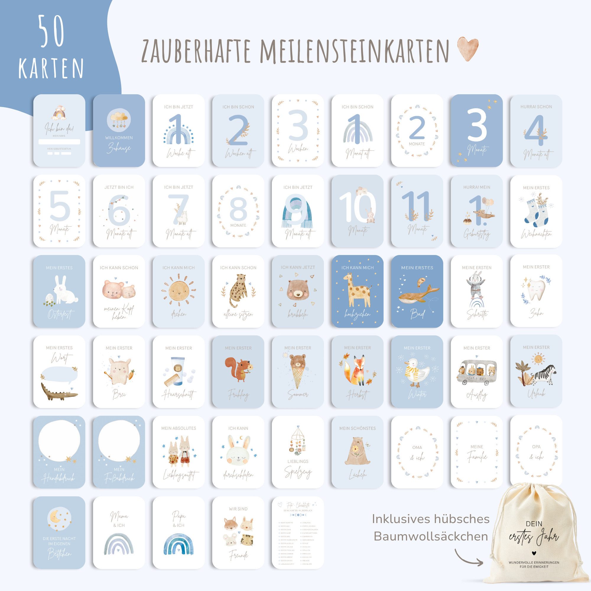 MeinBaby123® Geburtskarte 50 Meilensteinkarten "Dein erstes Jahr" zum Ausfüllen, inkl. Baumwollsäckchen, Geschenk zur Geburt, Meilensteinkarten Baby