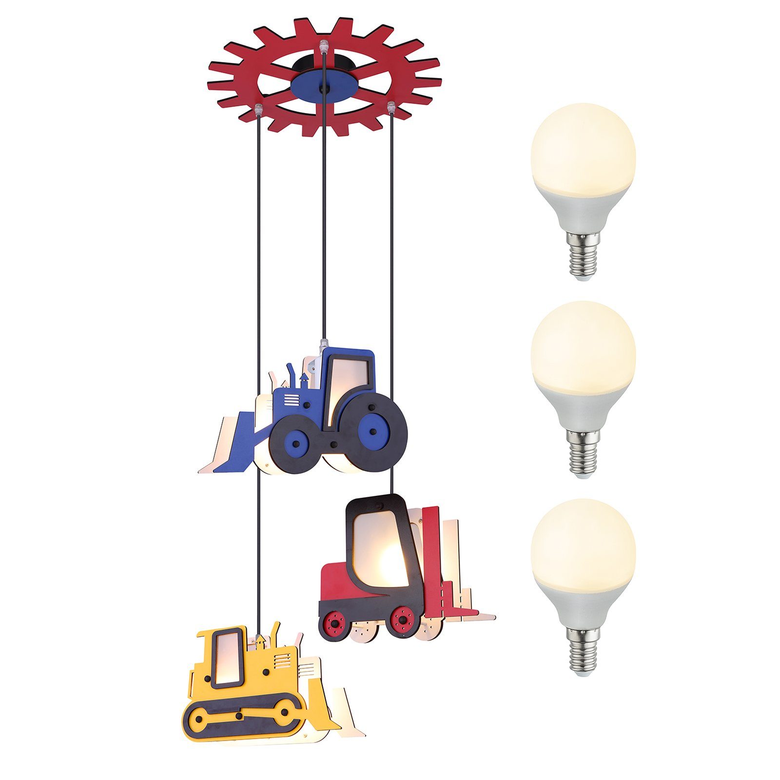 bmf-versand Hängeleuchte Hängeleuchte Kinderzimmer Pendelleuchte Kinderlampe Hängelampe Junge, hängend, Baufahrzeuge, Beleuchtung, LED wechselbar, Warmweiß, Pendellampe