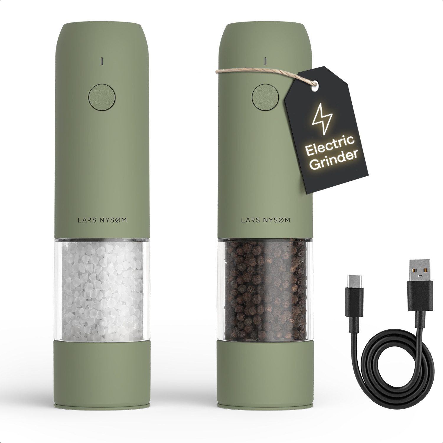 LARS NYSØM Gewürzmühle Kværne praktische Einhandbedienung per Drucktaste, (2 Stück), elektrische Salz- & Pfeffermühle mit eingebautem LED-Licht