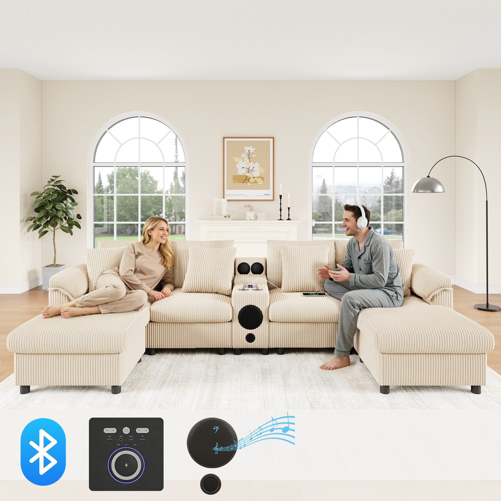 Merax Ecksofa mit Bluetooth-Lautsprecher & Medienkonsole, U-/L-Form Ecksofa, inkl. Hocker & Kissen, für 4–6 Personen, Cordstoff 1 Teile, Modulares Sofa mit Stauraum, Wireless Charging, USB & Getränkehaltern