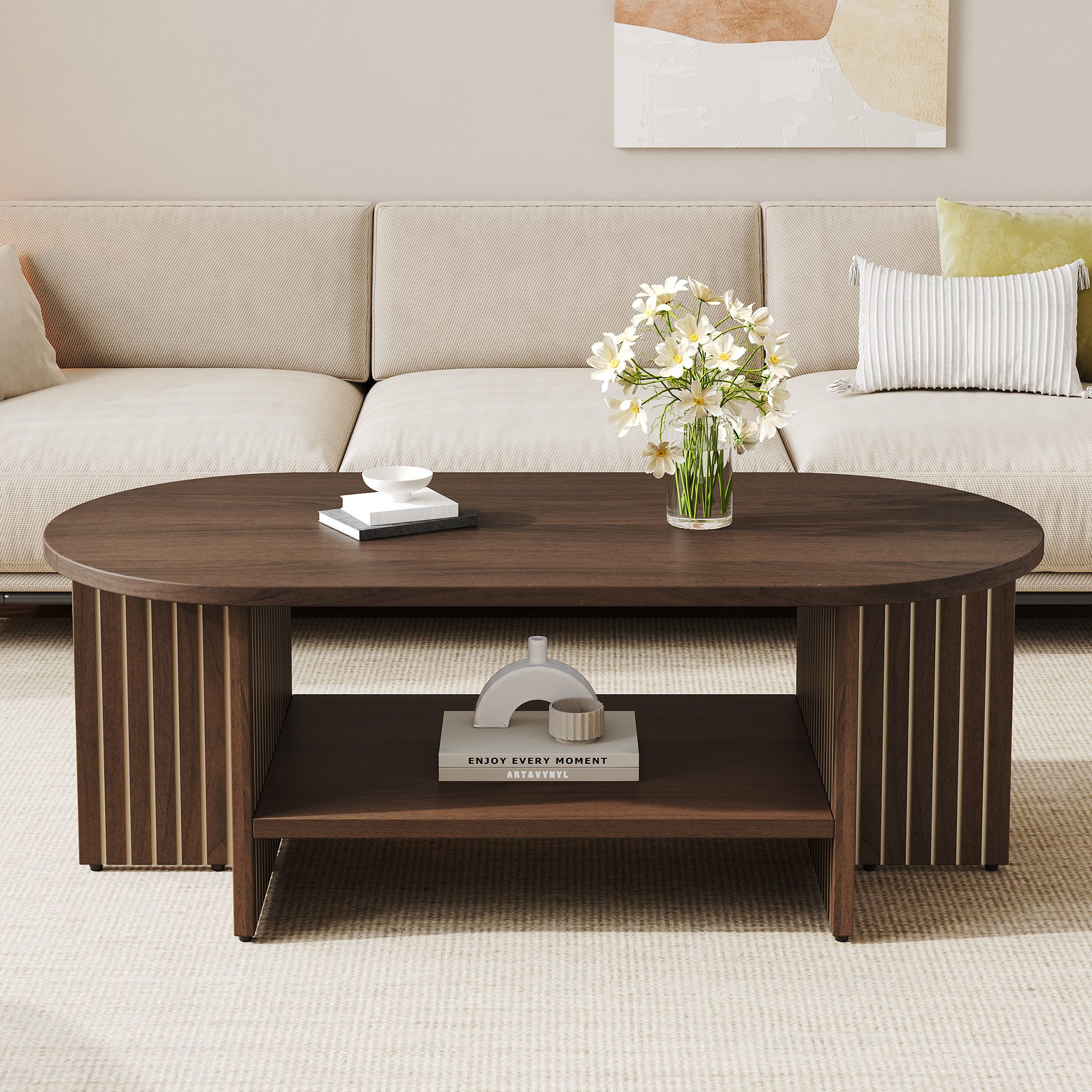 Merax Couchtisch in Walnussoptik, oval Sofatisch mit Rillen-Design (1-St), Wohnzimmertisch mit Ablagefach & Stauraum, 100x40x35cm