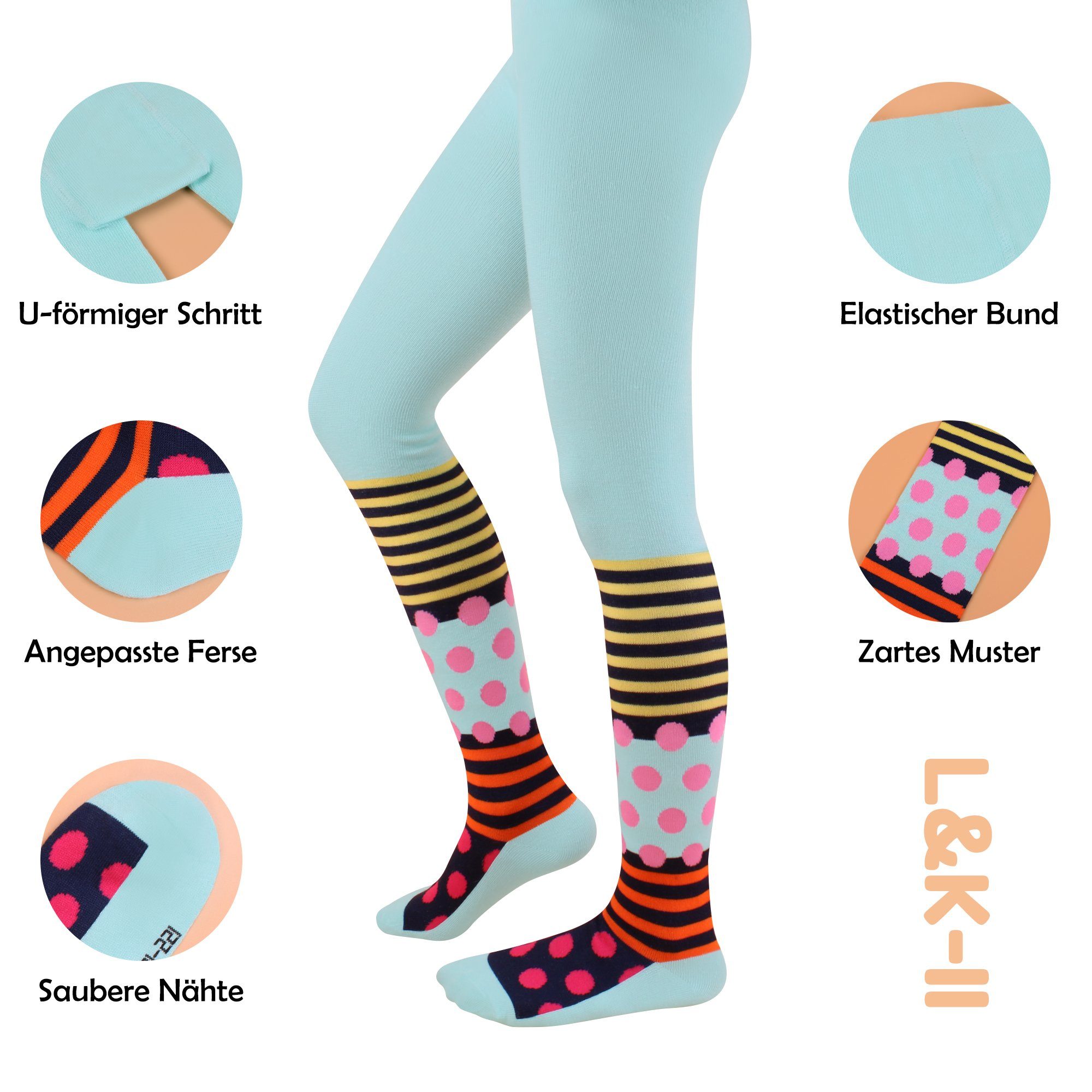 2761 Mädchen mit Strumpfhose und Punkte Strumpfhosen Mustern blickdicht Mehrfarbig Streifen (3er-Pack) L&K-II
