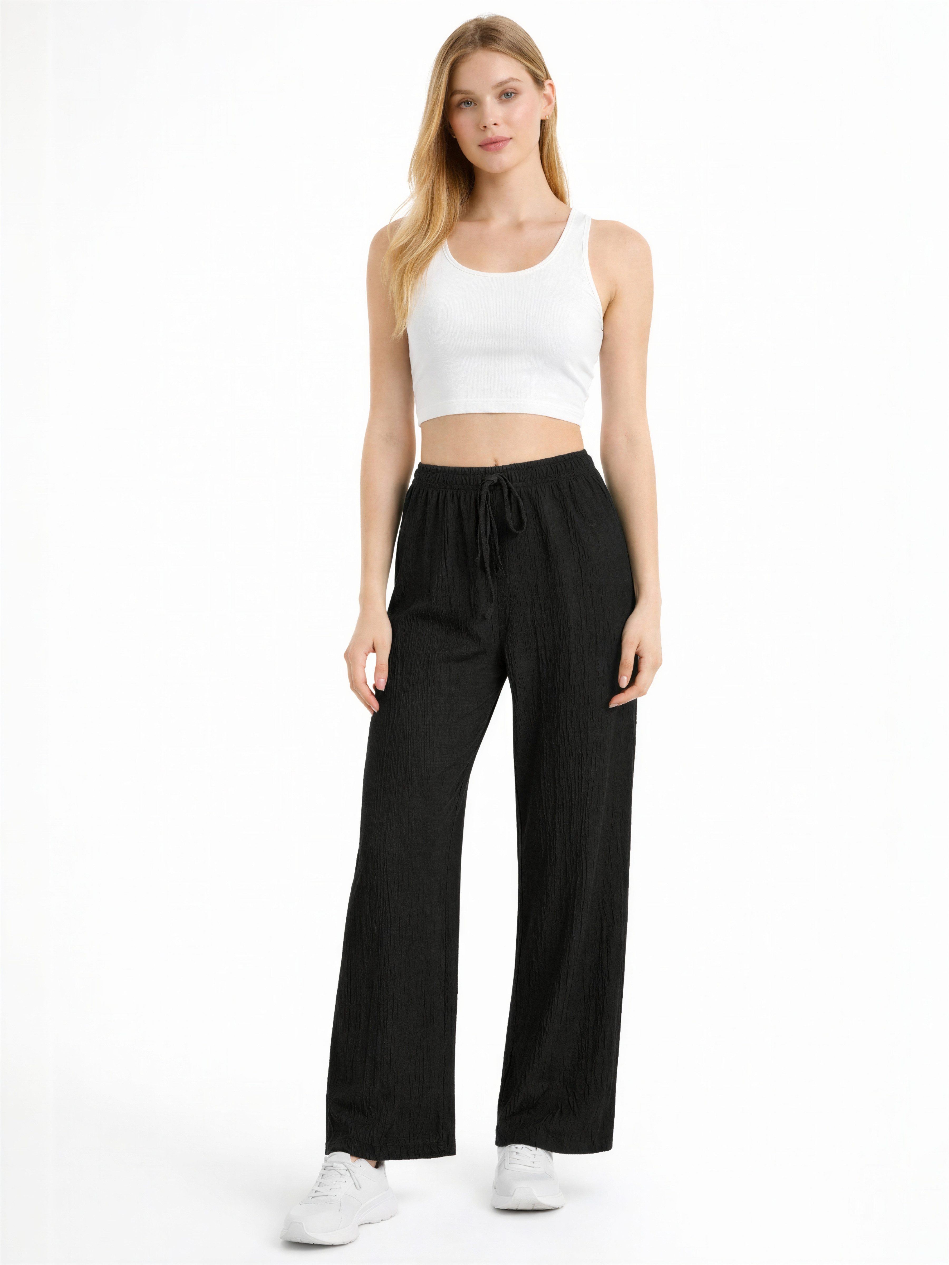 fashionshowcase Palazzohose Damen Crinkle – Weite Sommerhose elastischer Bund hoher Bund, elastischer Tunnelzug