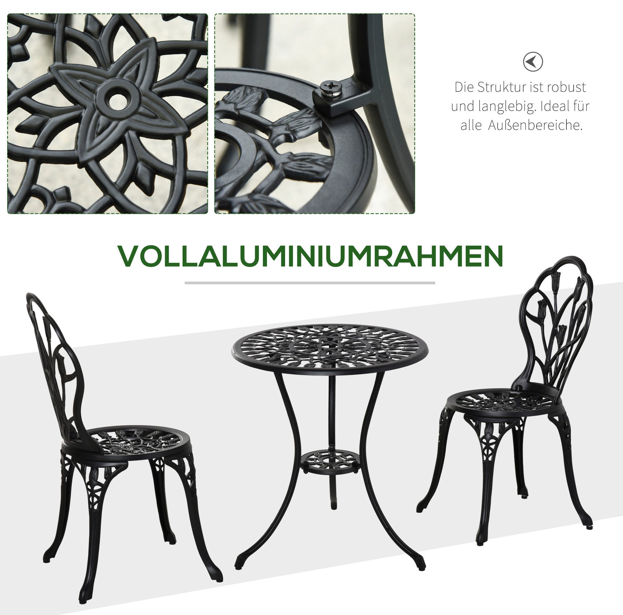 MODFU Sitzgruppe Essgruppe 3-tlg. für 2 Personen mit stabilem Aluminiumgestell, (Set, 3-tlg., Gartenmöbel-Set in Schwarz, wetterbeständig und funktional), Ø60x67 cm Tisch und 2 Stühle für Balkon, Terrasse oder Garten