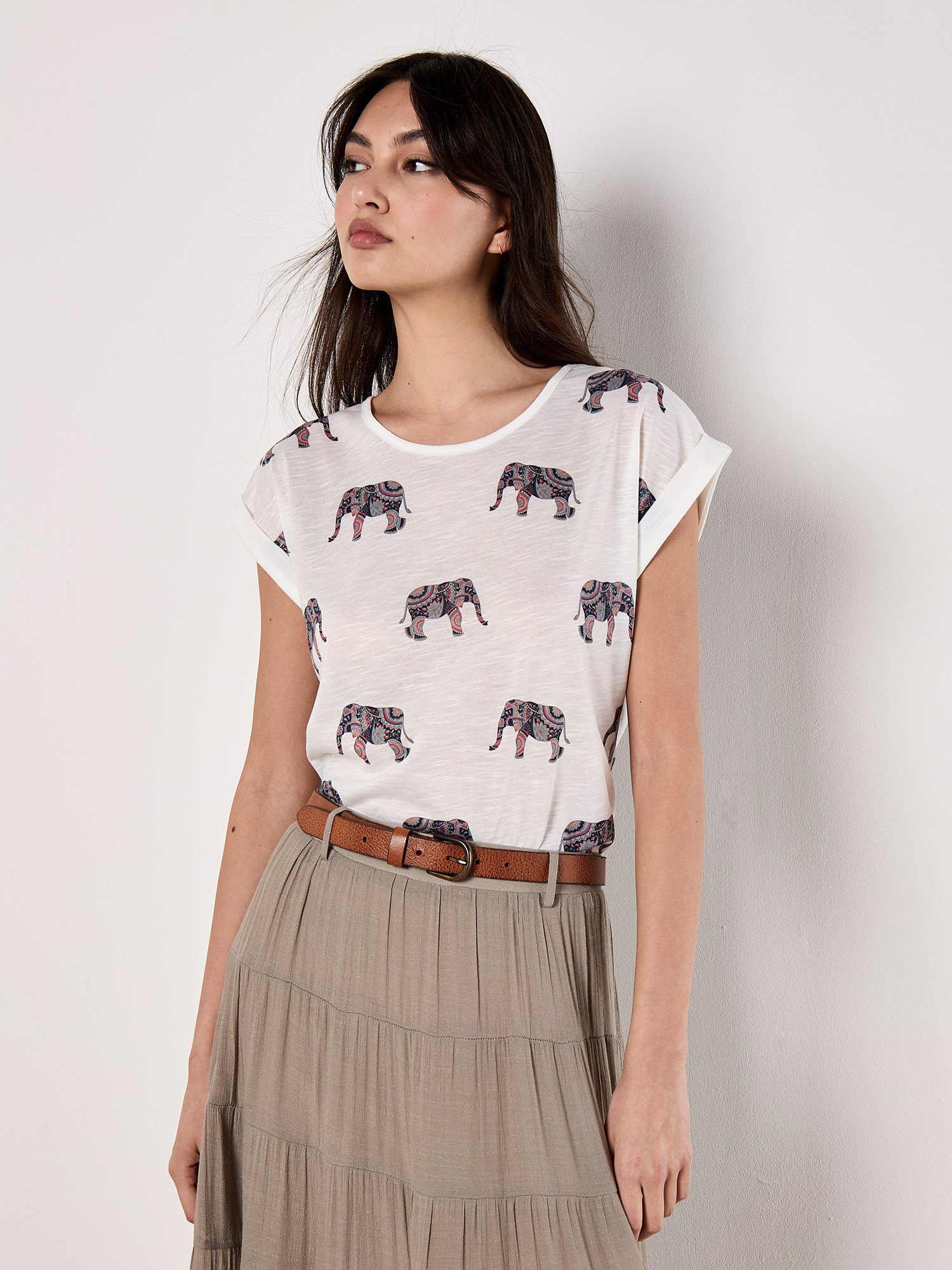 Apricot T-Shirt Slub T-Shirt mit Elefantenmotiv mit überschnittenen Armen