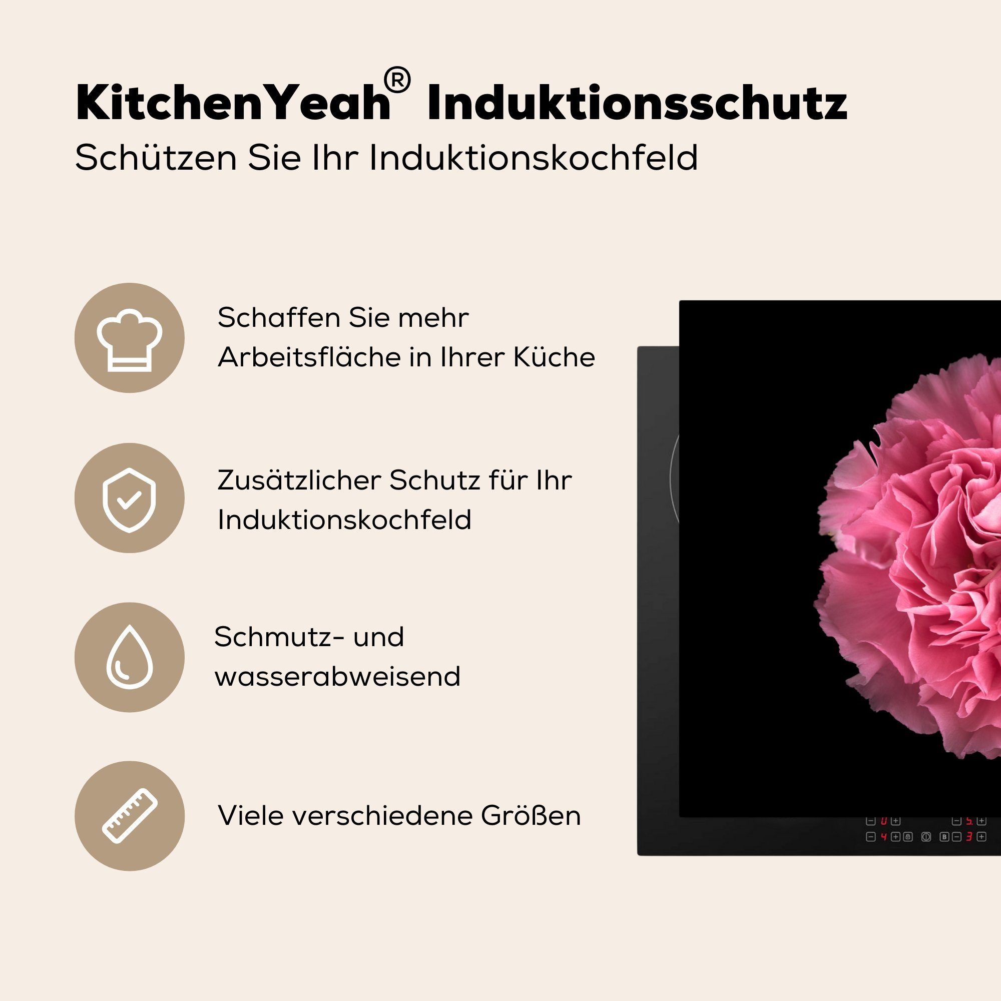 MuchoWow küche, - Blume die Schutz cm, - (1 Induktionskochfeld Nelke Vinyl, für 71x52 Ceranfeldabdeckung tlg), Herdblende-/Abdeckplatte Rosa,