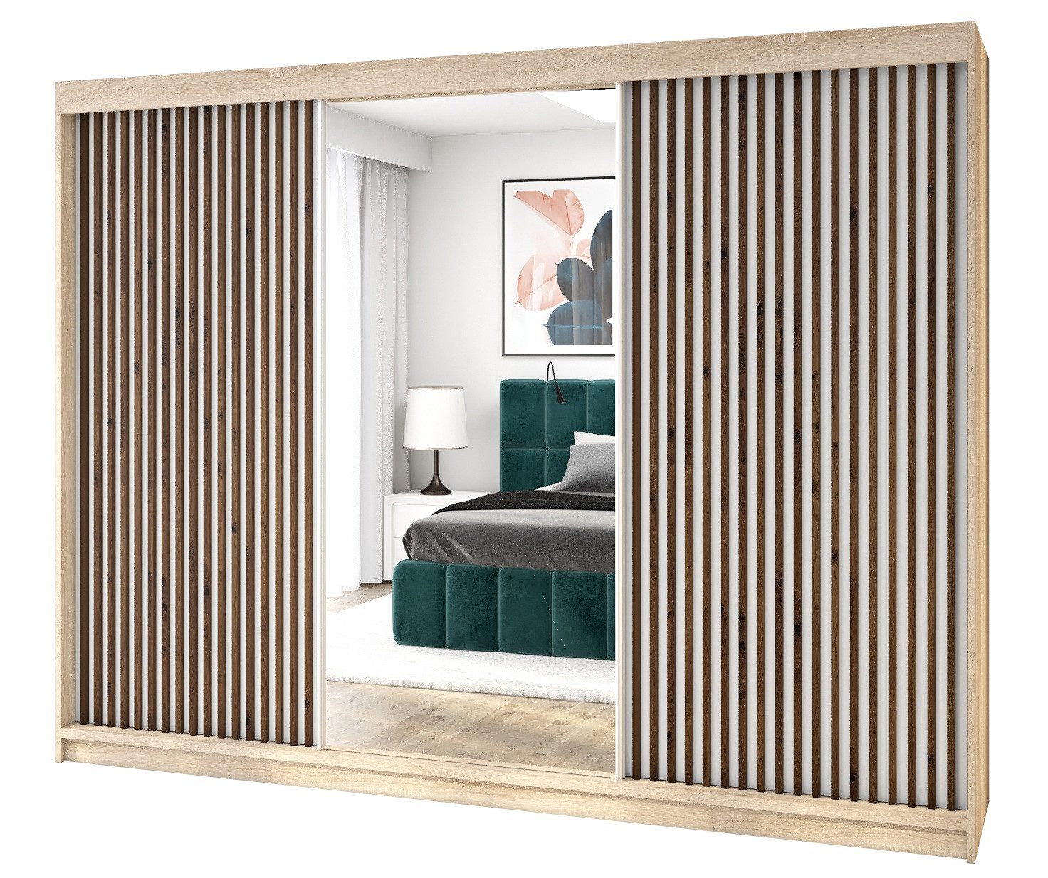 Schiebetürenschrank FARA 200 cm, mit 4 Schubladen, Spiegel, 3D Lamellen