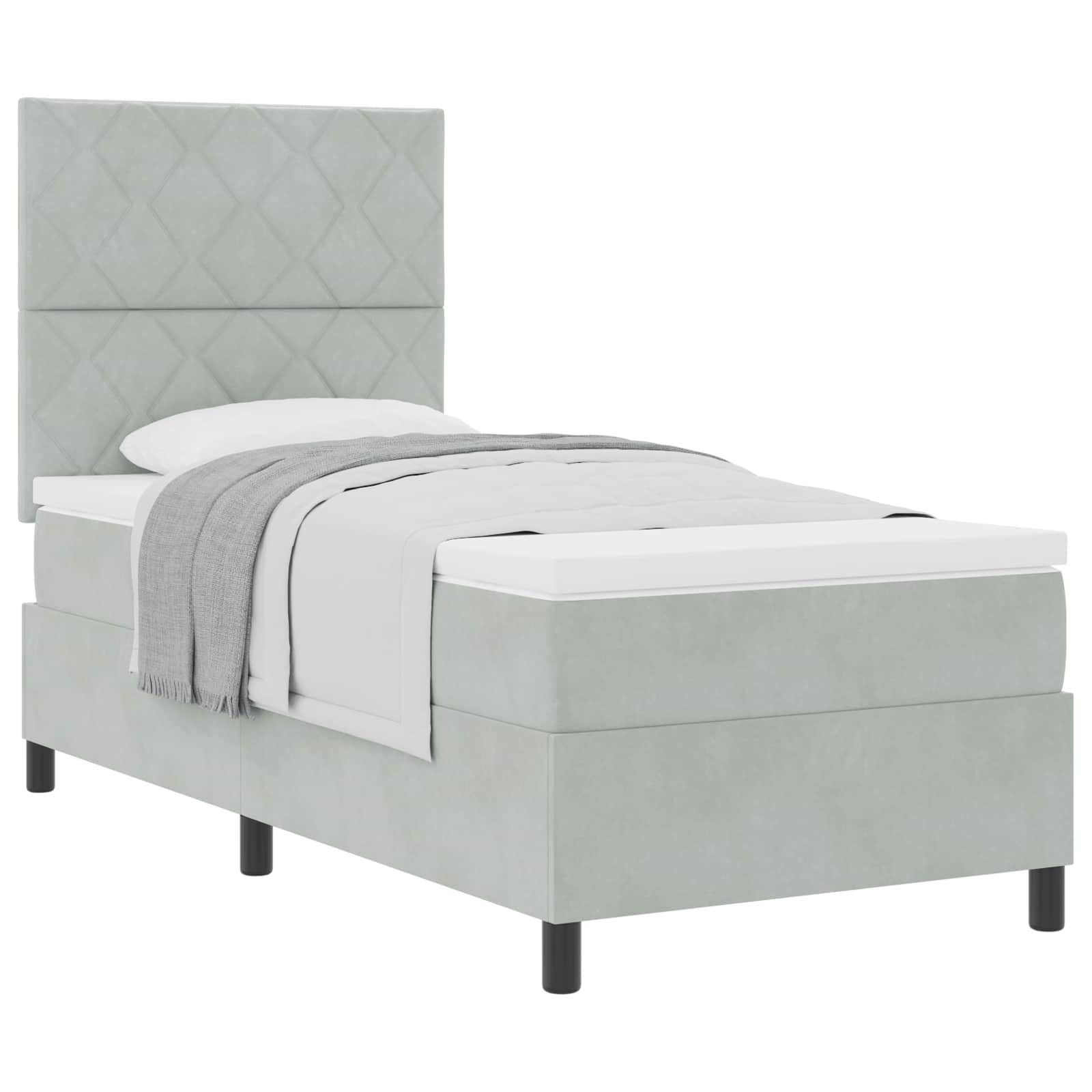 Bett Boxspringbett mit Kissen mit Kopfteil Hellgrau 90 x 190 cm Samt