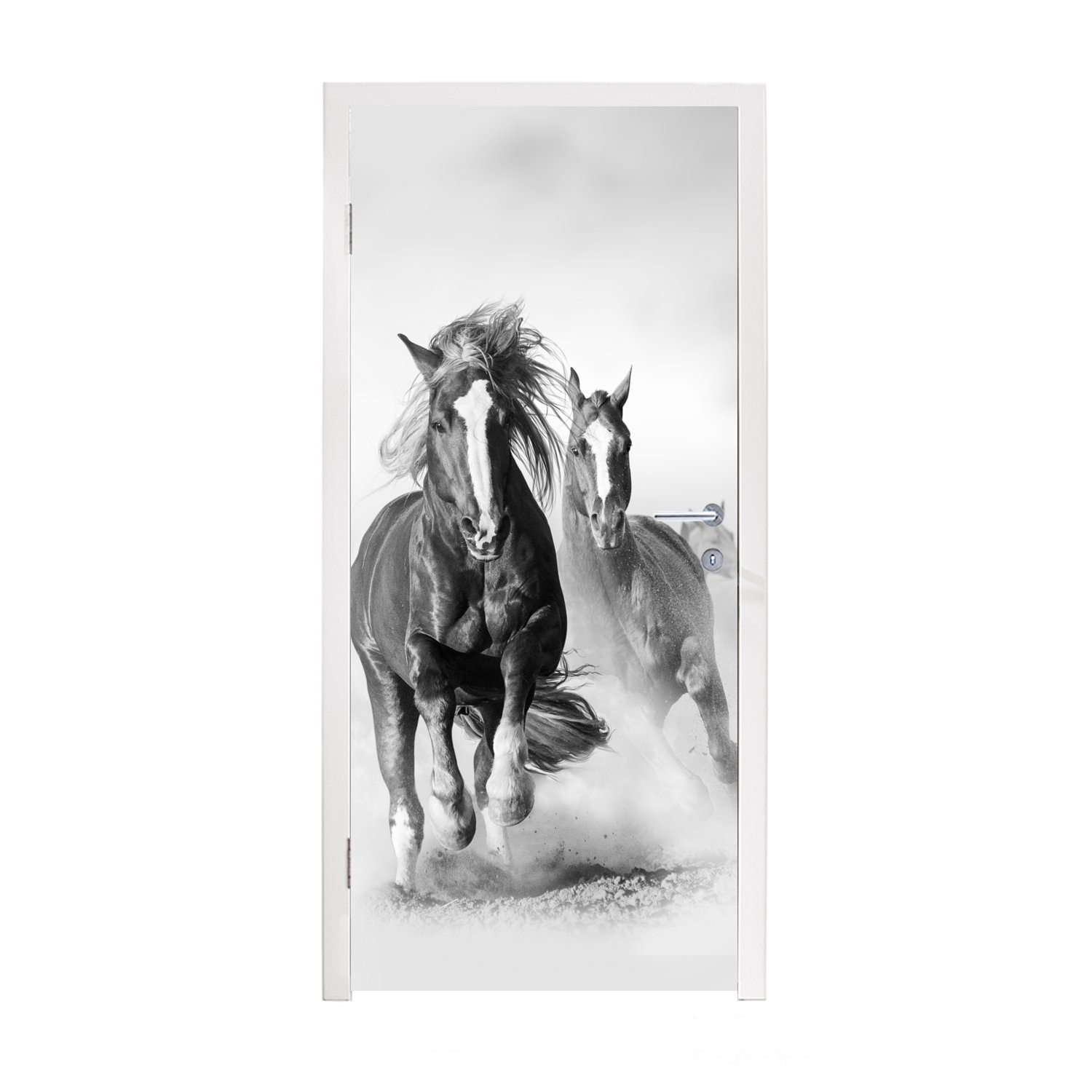 MuchoWow Türtapete Pferde - Tiere - Illustration, Matt, bedruckt, (1 St), Selbstklebende Tapete, Folie für Möbel, 75x205 cm