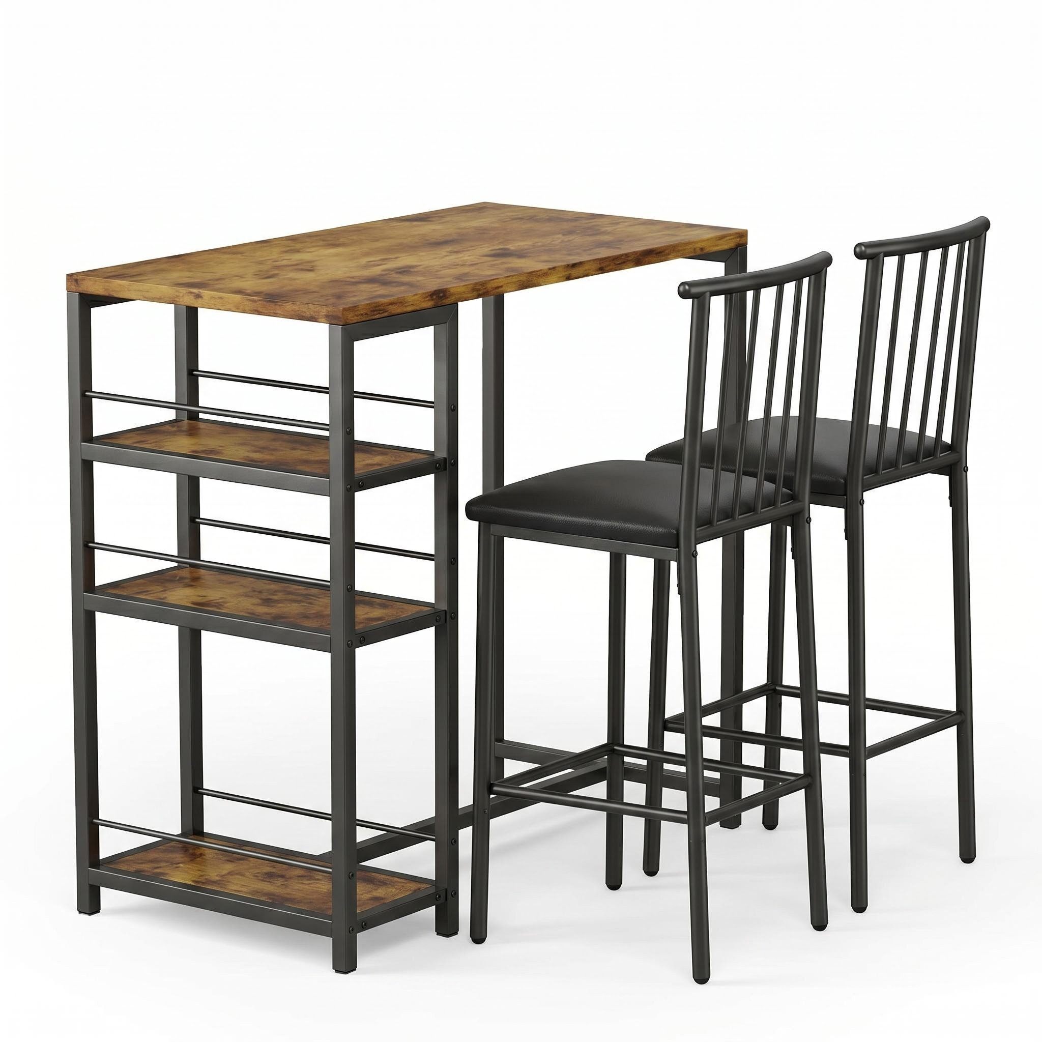 Blishom Bartisch 3-tlg Bartisch-Set, Esstisch Set für 2 Personen, Platzsparendes Stehtisch-Set mit Stauraum