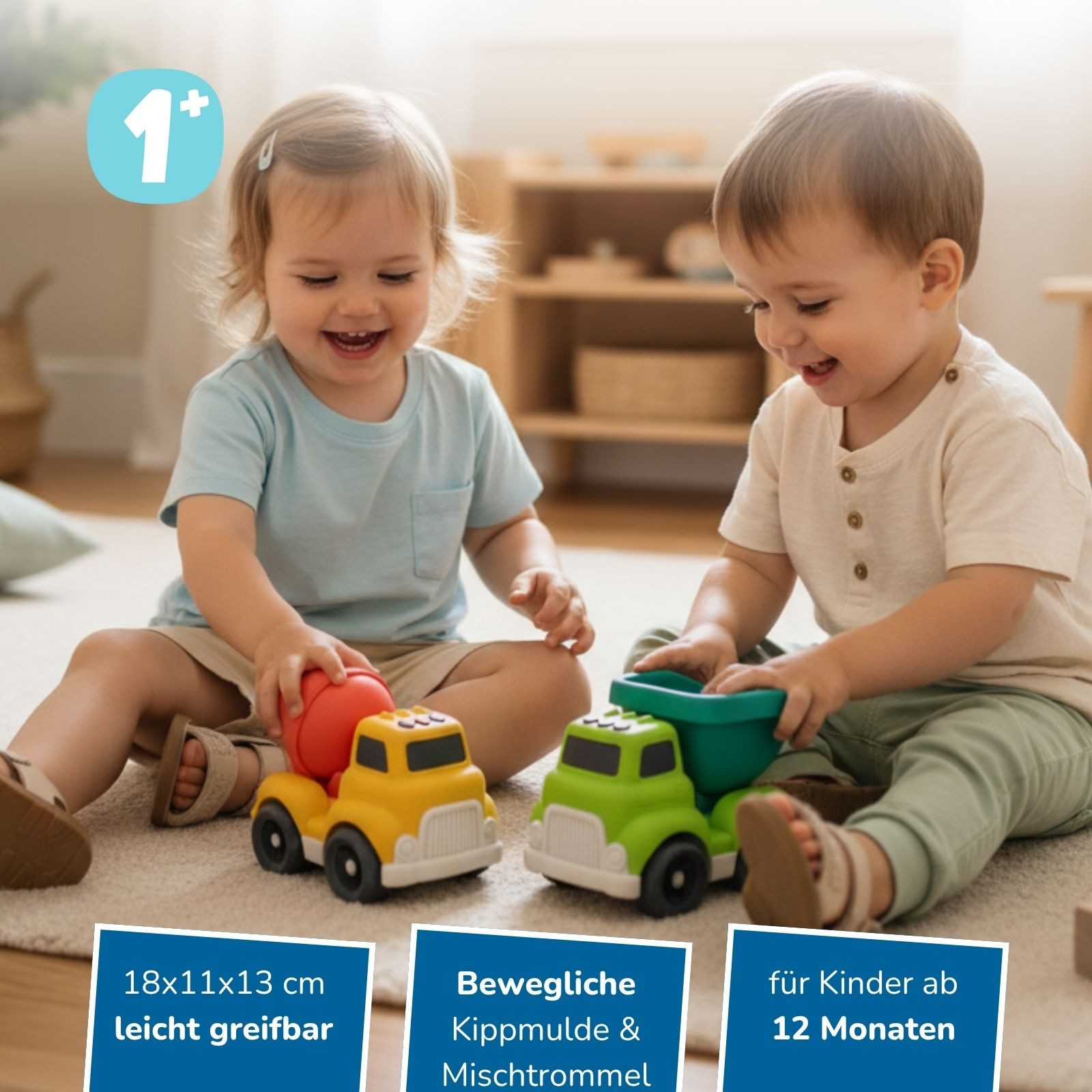alldoro Spielzeug-LKW 2er Set Spielzeugautos Betonmischer & Kipplaster für Kinder ab 1 Jahr, Baustellen-Fahrzeuge aus nachhaltigem Material für drinnen & draußen