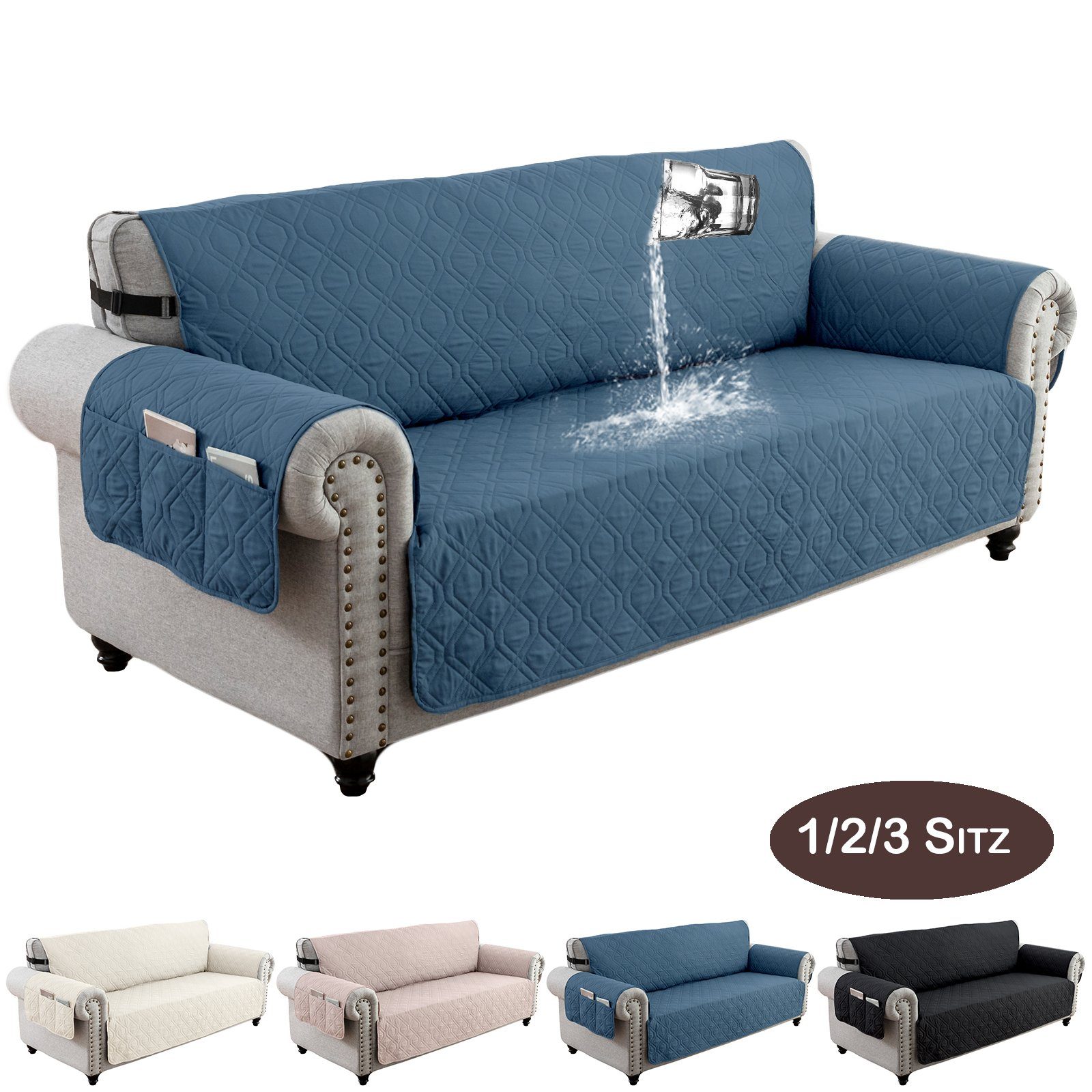 Sofabezug Sofahussen 4 Farbe,Wasserdicht Rutschfeste mit Seitentaschen, BTTO, Stuhlhussen für 1/2/3-Sitzer-Sofas Sesselhussen Blau