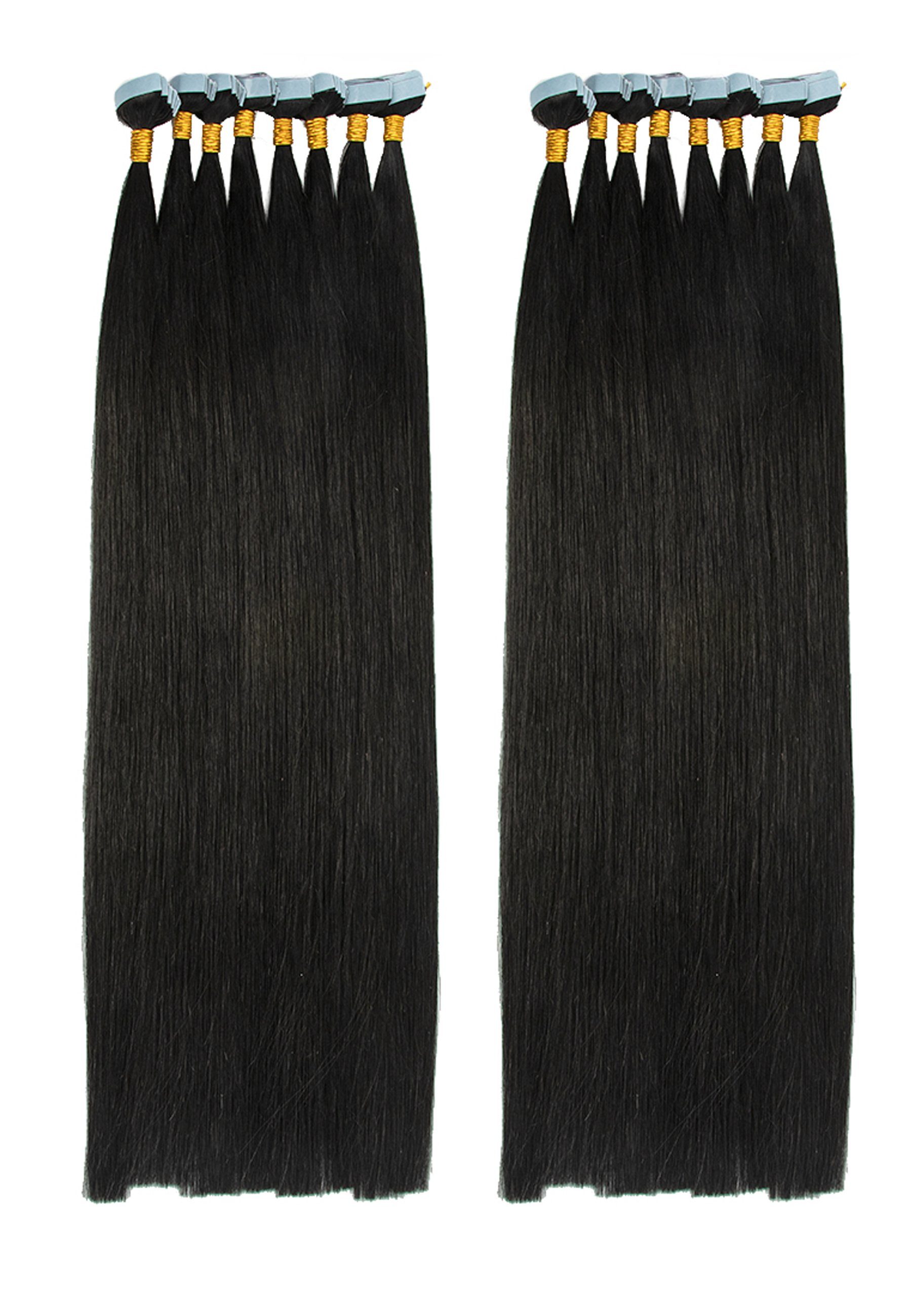 100 Fashion 25 Hair Skin-Wefts Double & Drawn jet cm Remy Echthaar Style YC On-Extension black-60 #1 gr, Tape Echthaar-Extension Menschenhaar %