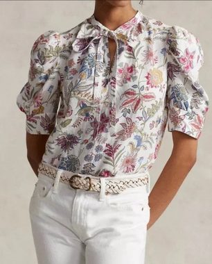 Ralph Lauren Blusentop POLO RALPH LAUREN Floral Crepe Linen Tie-neck Blouse Top Shirt T-shir