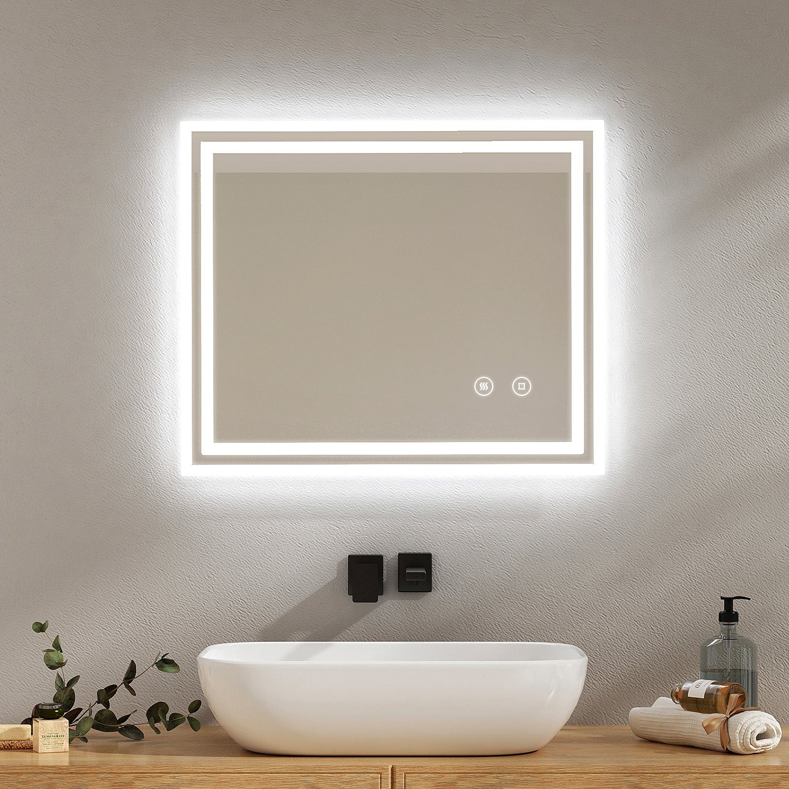 EMKE Badspiegel mit Touch 6500K LED-Beleuchtung eckig, Beschlagfrei, Horizontal&Vertical,in versch. Größen erhältlich | Badspiegel