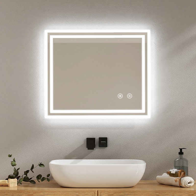 EMKE Badspiegel mit Touch 6500K LED-Beleuchtung eckig, Beschlagfrei, Horizontal&Vertical,in versch. Größen erhältlich