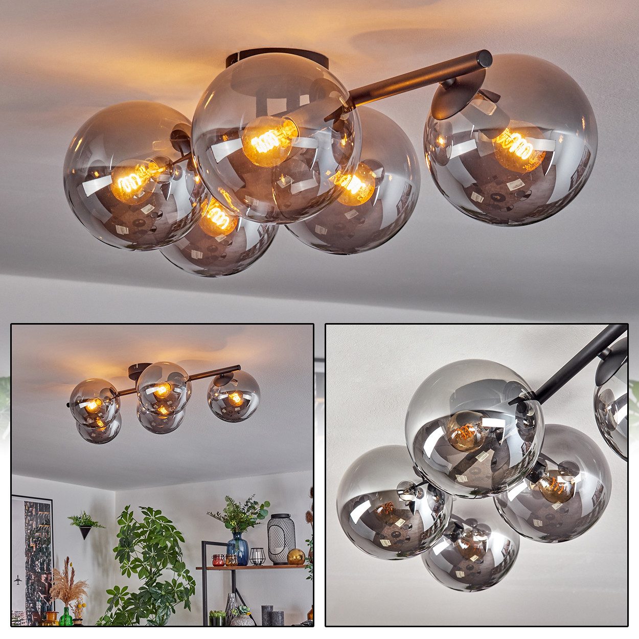 Deckenleuchte 5-flammige Deckenlampe aus Metall/Glas in Schwarz/Rauchfarben
