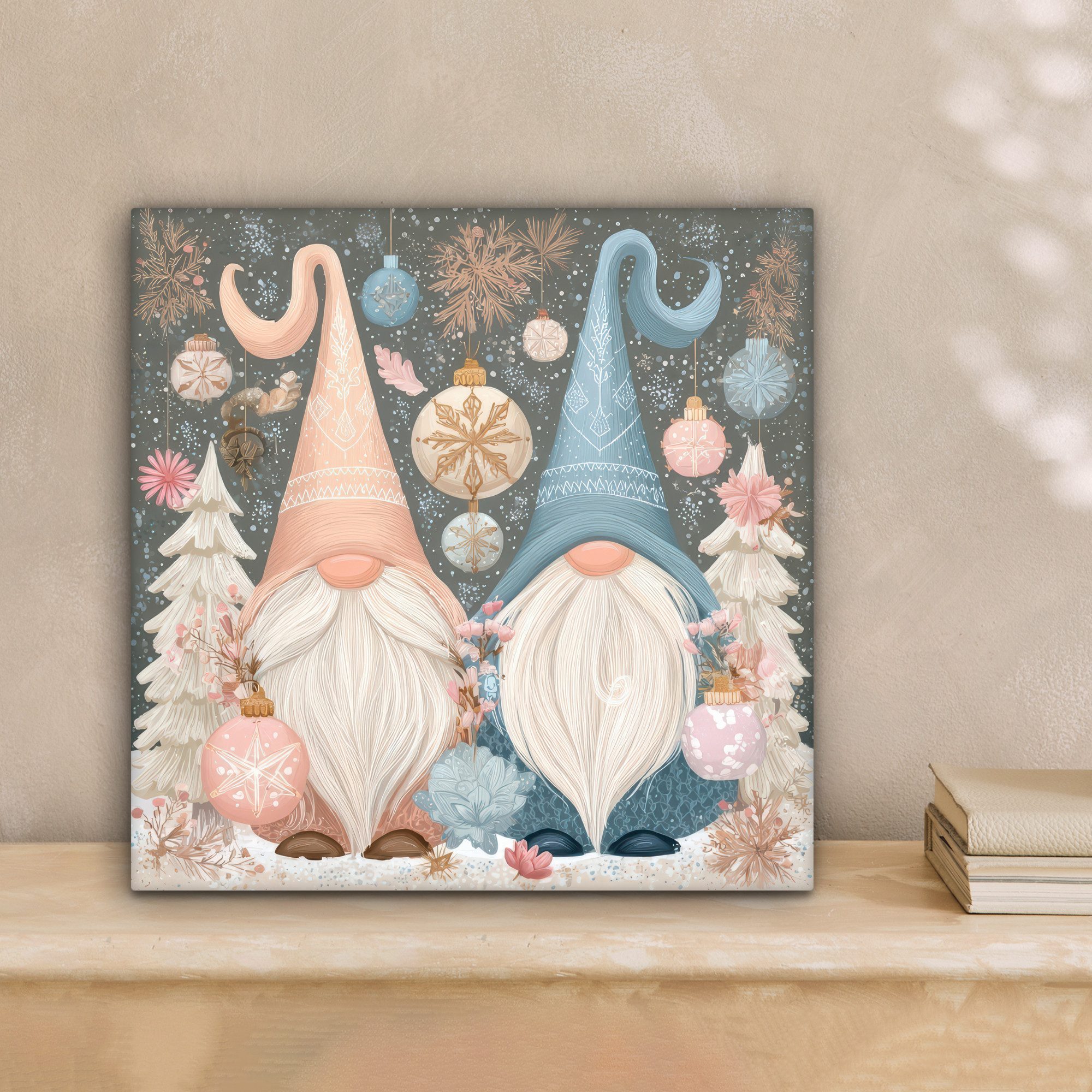 OneMillionCanvasses® Leinwandbild Weihnachten - Wichtel - Pastell, Fotodruck (1 St), Wandbild, Deko Schlafzimmer Wohnzimmer Flur 20x20 cm