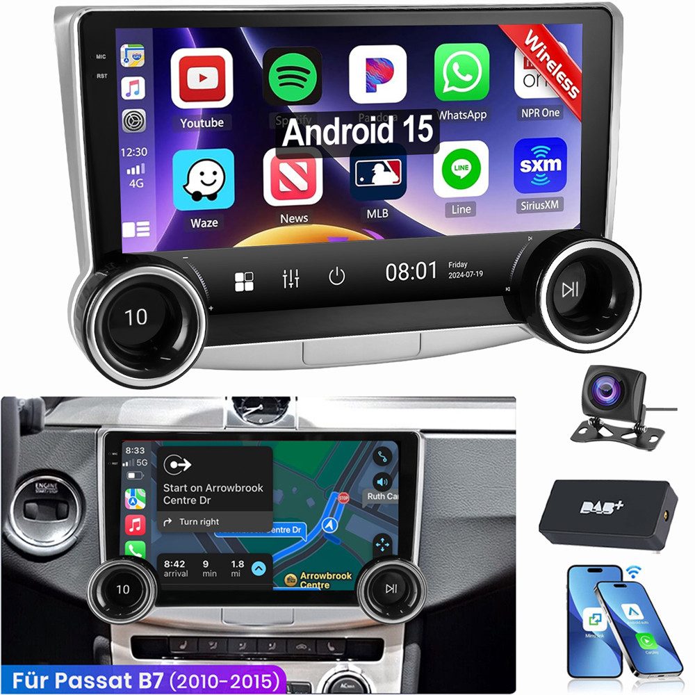 ESSGOO 10,1 Zoll 4+64GB Android 15 Für VW Passat B7 2010-2015 Autoradio (RDS, Digitalradio (DAB), FM, AM, Apple Carplay Android Auto GPS Navi WIFI BT EQ SWC)