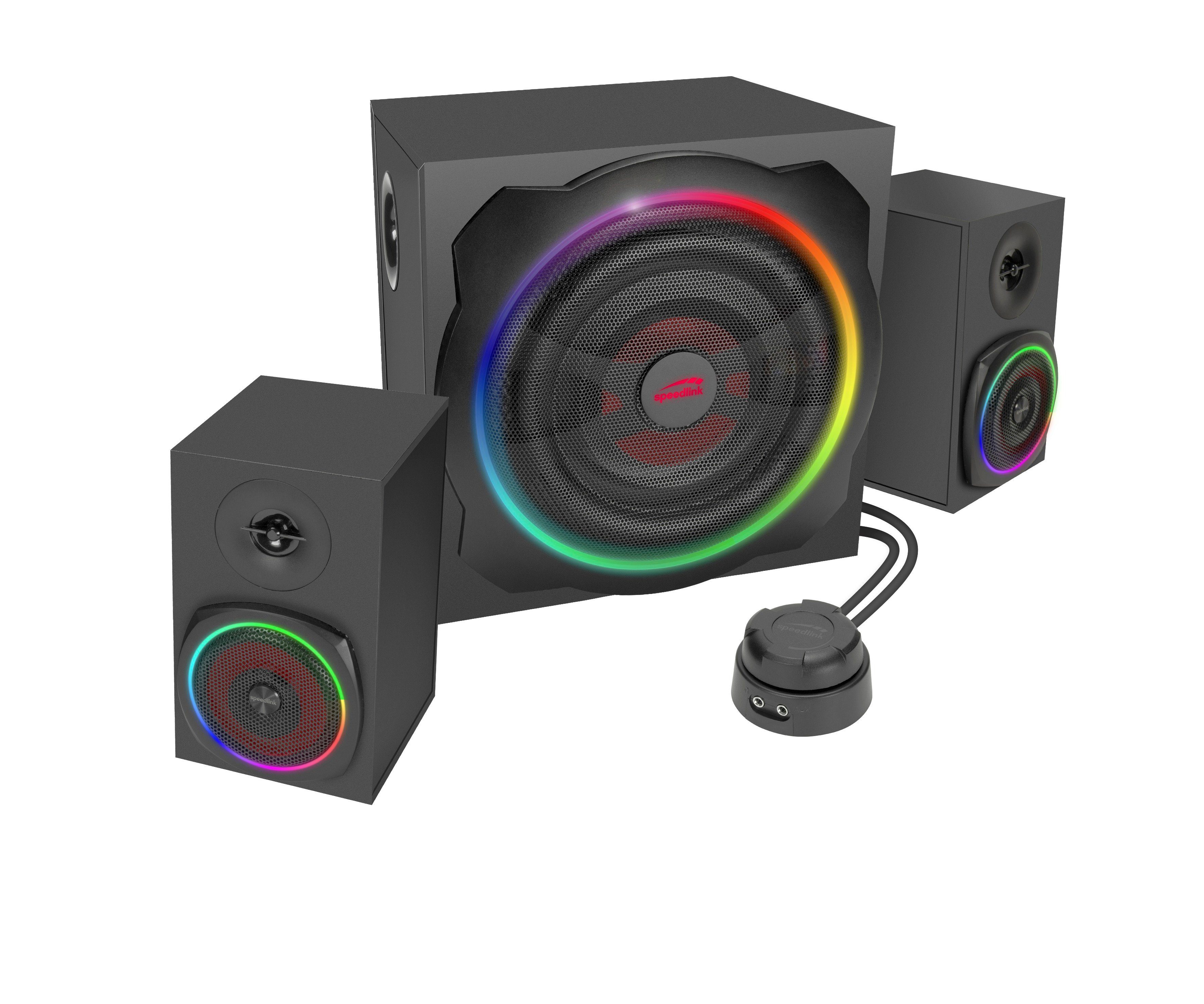 Speedlink GRAVITY LT RGB Subwoofer System aus Holz mit Bluetooth 2.1 Soundsystem 2.1 (40 W RMS, 80 W Spitzenleistung, 3,5mm Klinke, RGB-Tischfernbedienung)