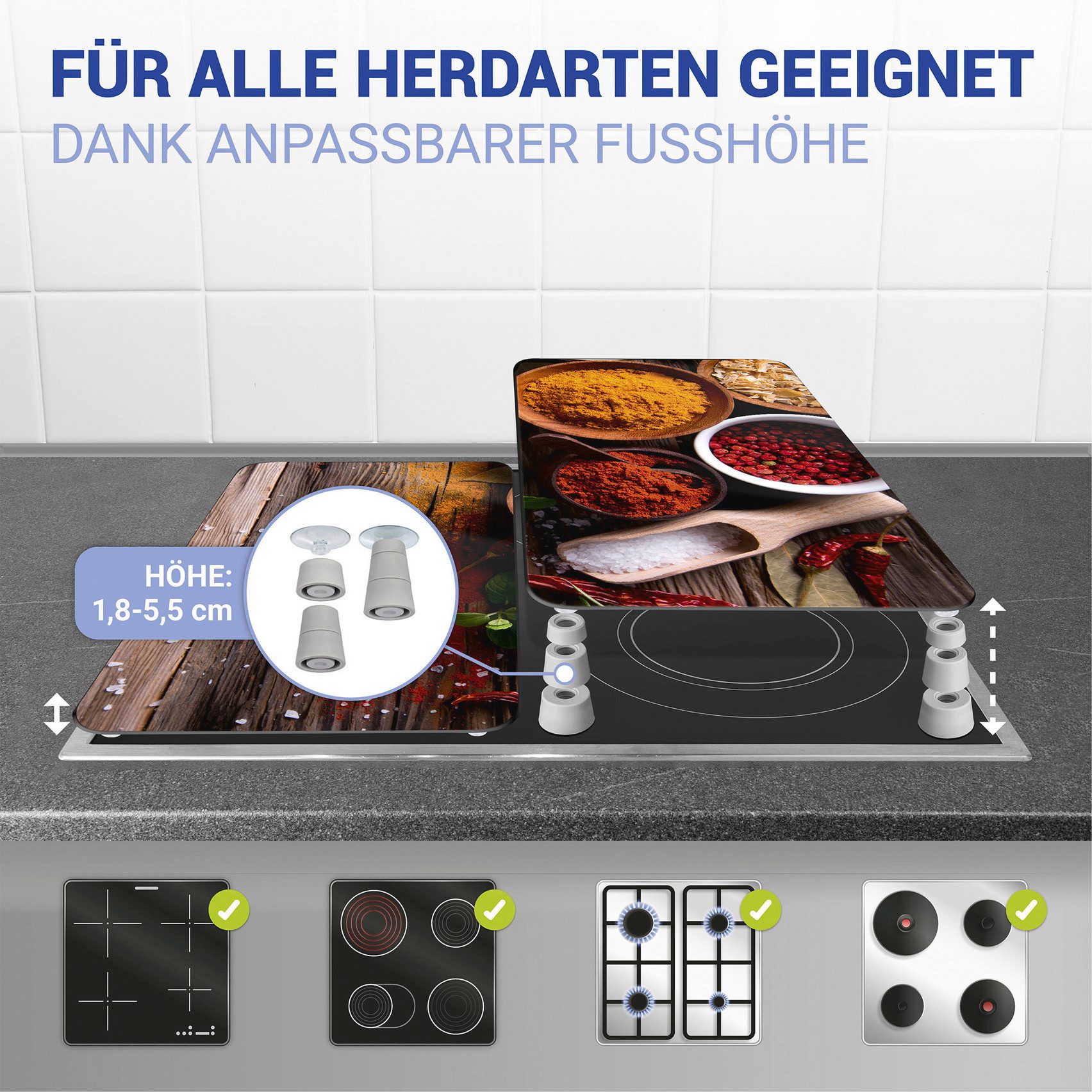 WENKO Herd-Abdeckplatte Universal Modell Gewürze, Glas, (Set, 2 tlg), Herdabdeckung für alle Herdarten, kratzfest, mit rutschfesten Füßen
