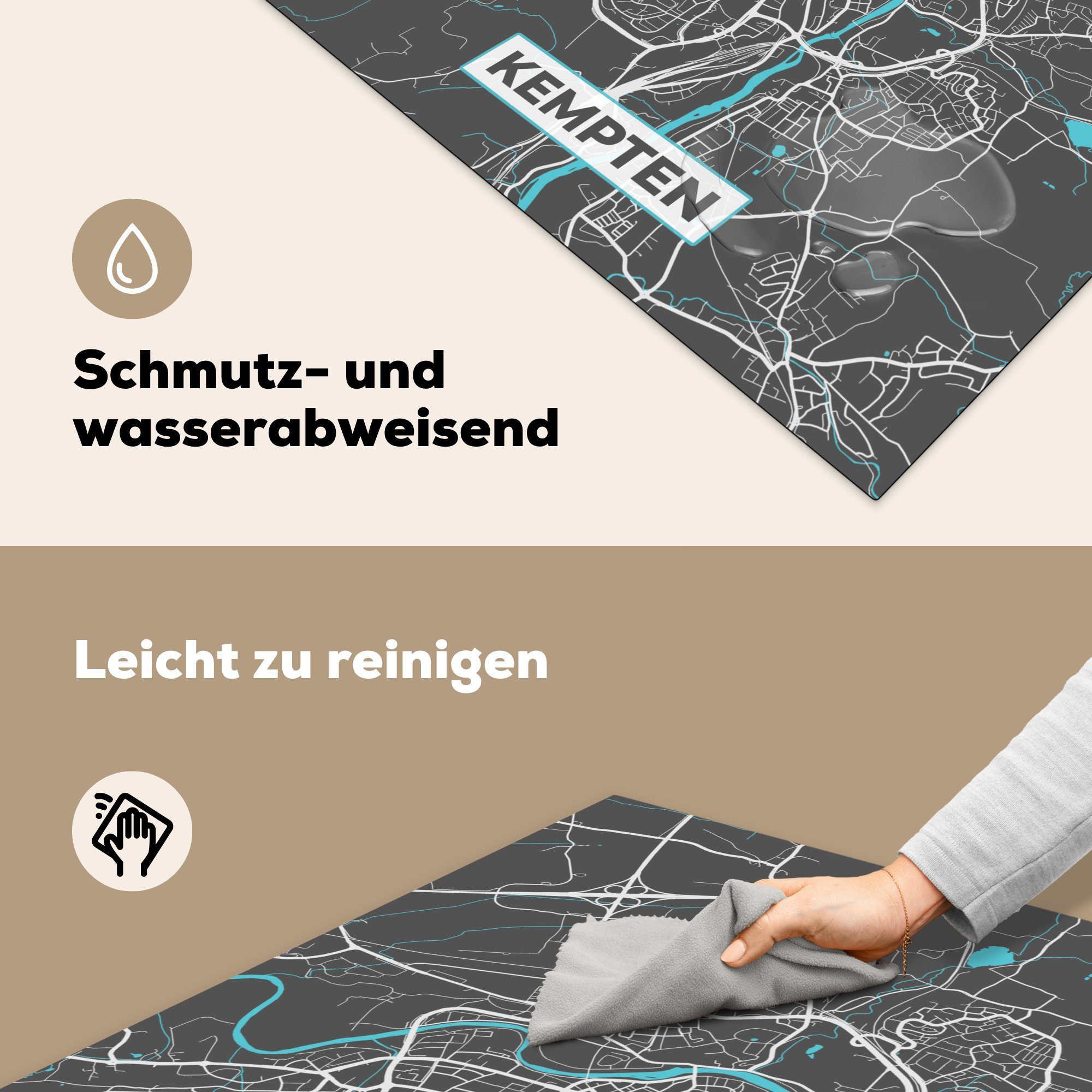MuchoWow Herdblende-/Abdeckplatte Stadtplan - Vinyl, cm, Karte, Kempten Blau - für (1 tlg), küche 78x78 - - Deutschland Arbeitsplatte Ceranfeldabdeckung