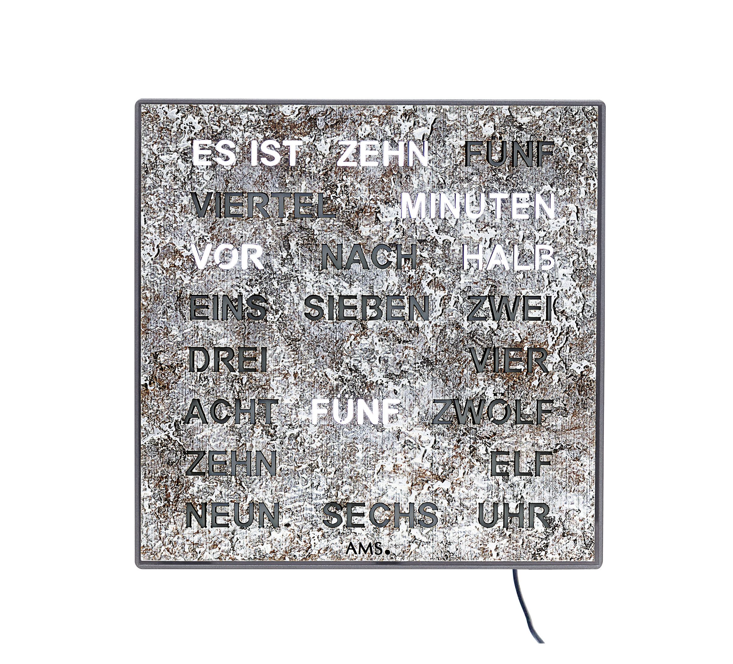 AMS Wanduhr Wortuhr LED Wanduhr Tischuhr 28x28cm (Anzeige in Wort und Schrift)