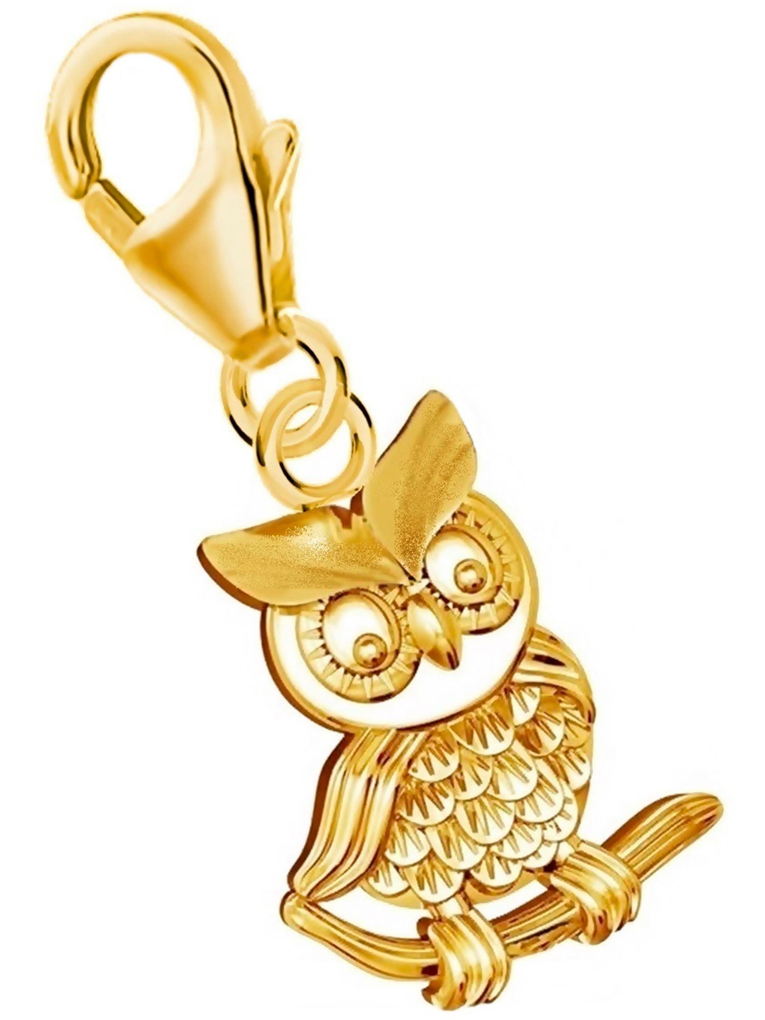 Goldene Hufeisen Charm-Einhänger Eule auf Ast Karabiner Charm Anhänger 925 Silber Vogel Vergoldet (1 Stück, inkl. Schmuckbox), Gelbgold überzogen