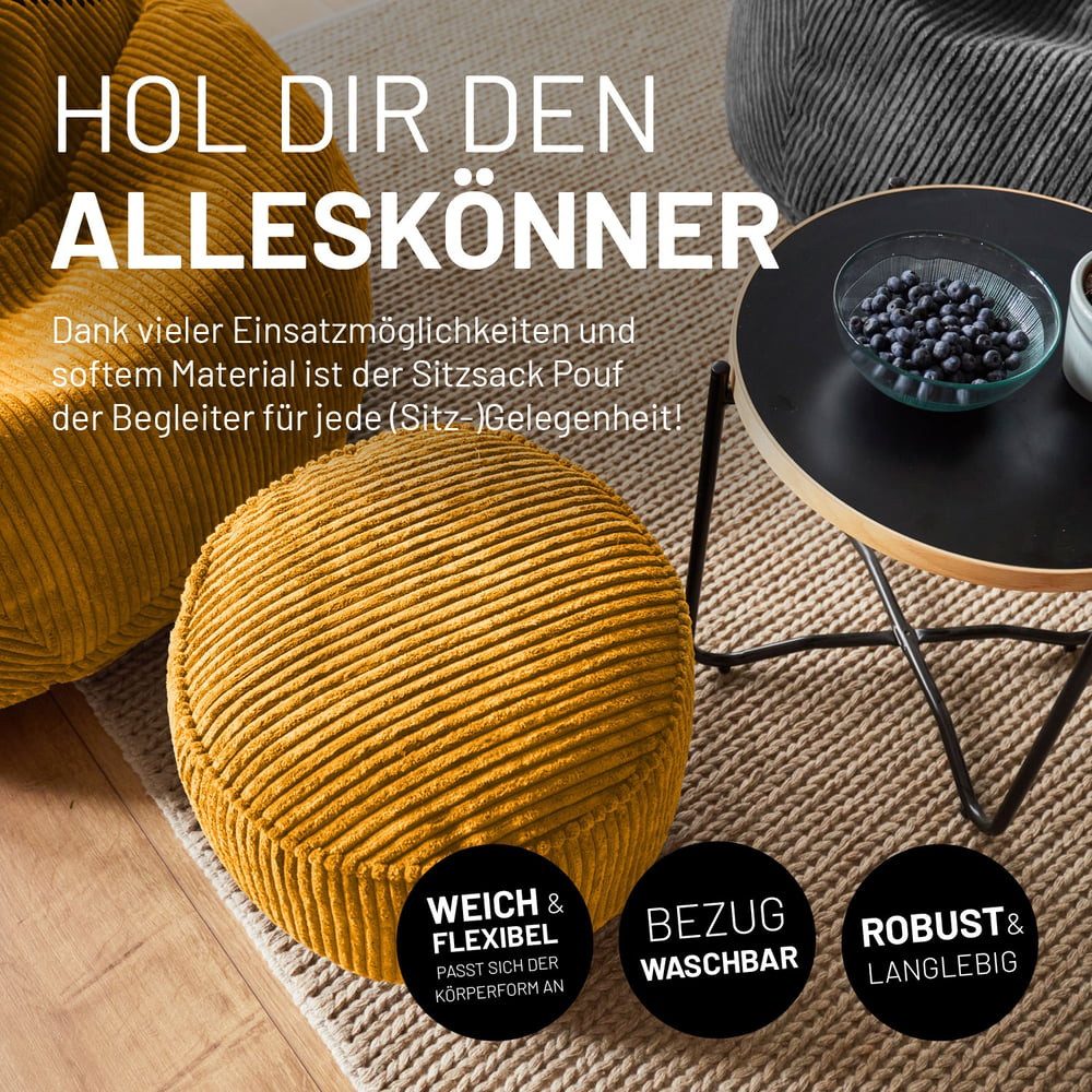Lumaland Sitzsack Sitzsack-Hocker Pouf rund Cord 50l senfgelb, supersofte Füllung EPS-Perlen – Bild 3 von 5