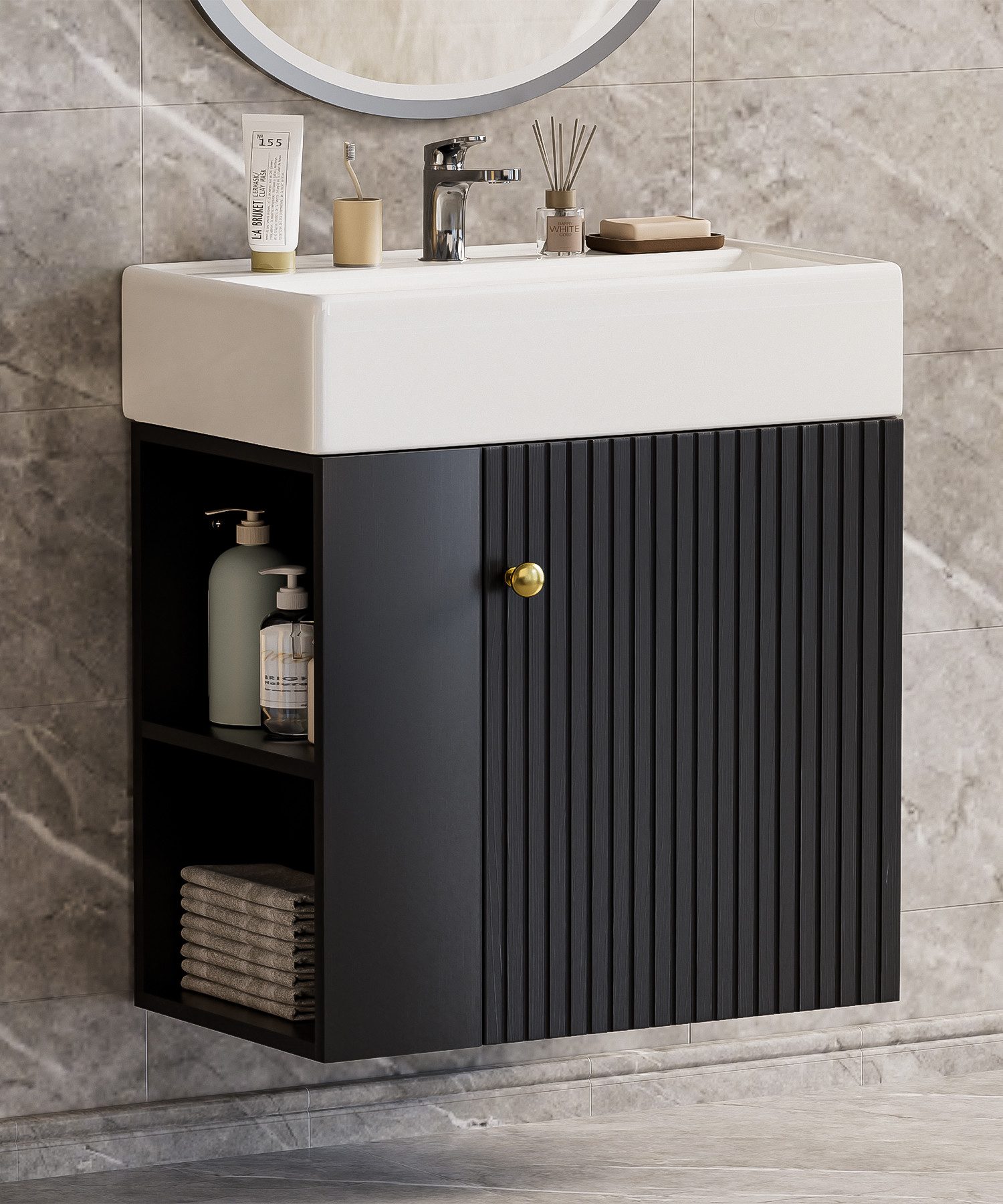 Yorbay Waschtisch Badmöbel Waschtischunterschrank (Breite 55 cm, Badschrank mit Waschbecken), Waschbecken mit Waschtisch für kleine Badezimmer