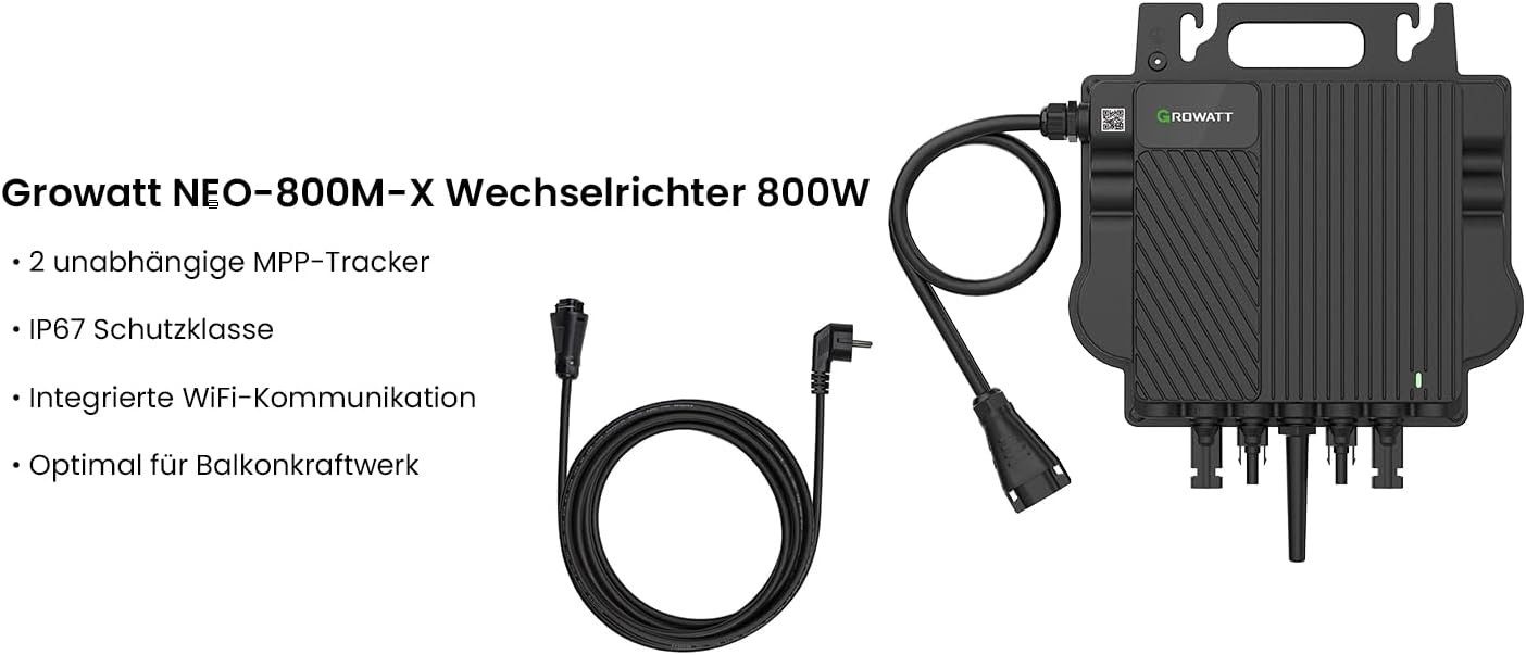 Growatt Balkonkraftwerk 1000W Solaranlage Solarmodule mit 800W Growatt Wechselrichter, (4 x 2m Solarpanel-Verlängerungskabel im Lieferumfang enthalten), Halterungen für Flachdach oder Balkon (optional)