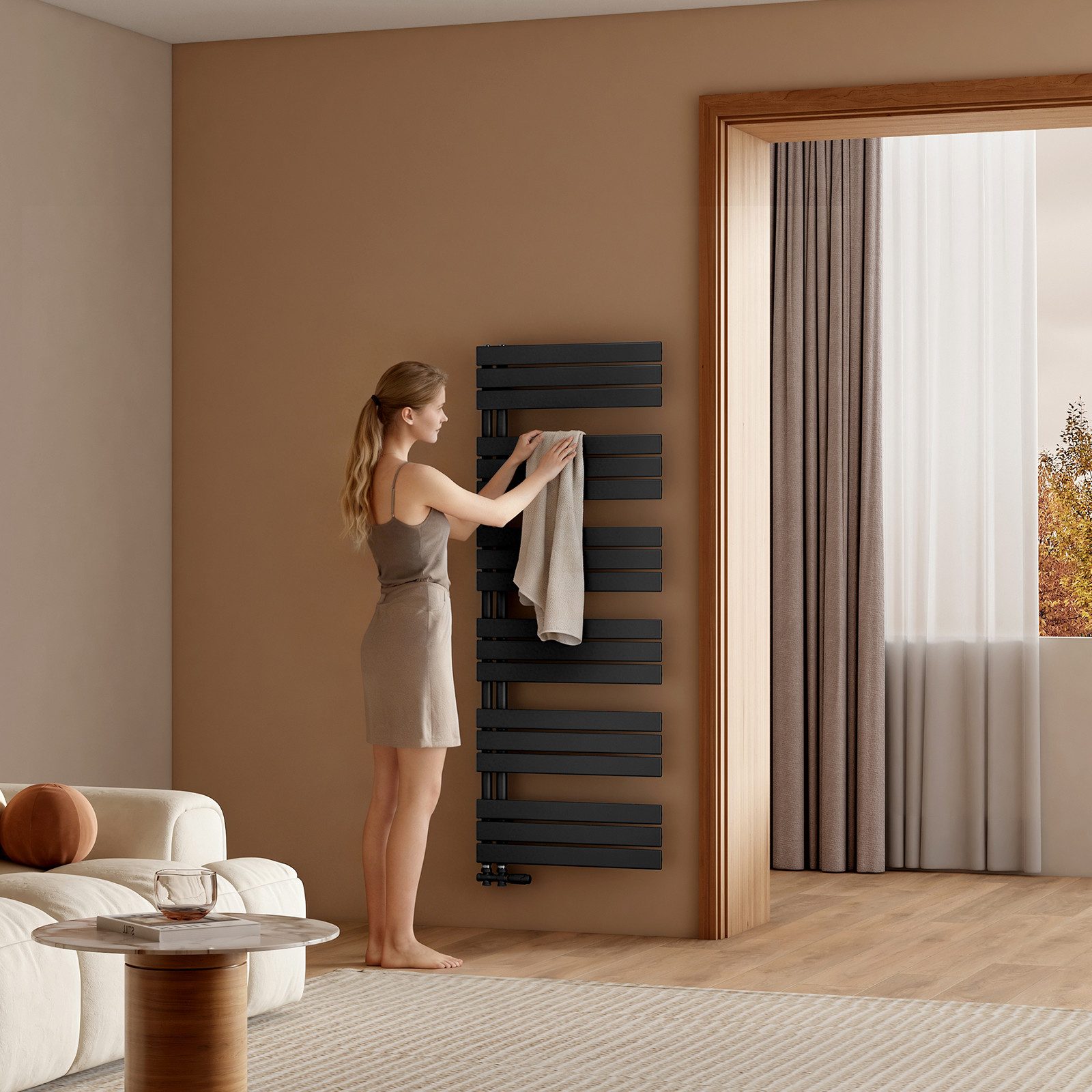 EMKE Paneelheizkörper Schwarz Flach Badheizkörper Design Handtuchtrockner, 132x50cm 661W Bad Warmwasser ohne Multiblock Seitenanschluss – Bild 5 von 5
