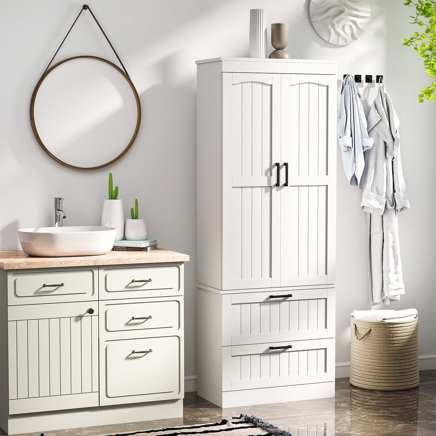 oyajia Hochschrank Mehrzweckschrank,Küchenschrank, 2 Türen und 2 Schubladen (Höhe 150cm mit variabel verstellbaren Einlegeböden) Vorratschrank, Weiß 30 x 60 x 150 cm (T x B x H)