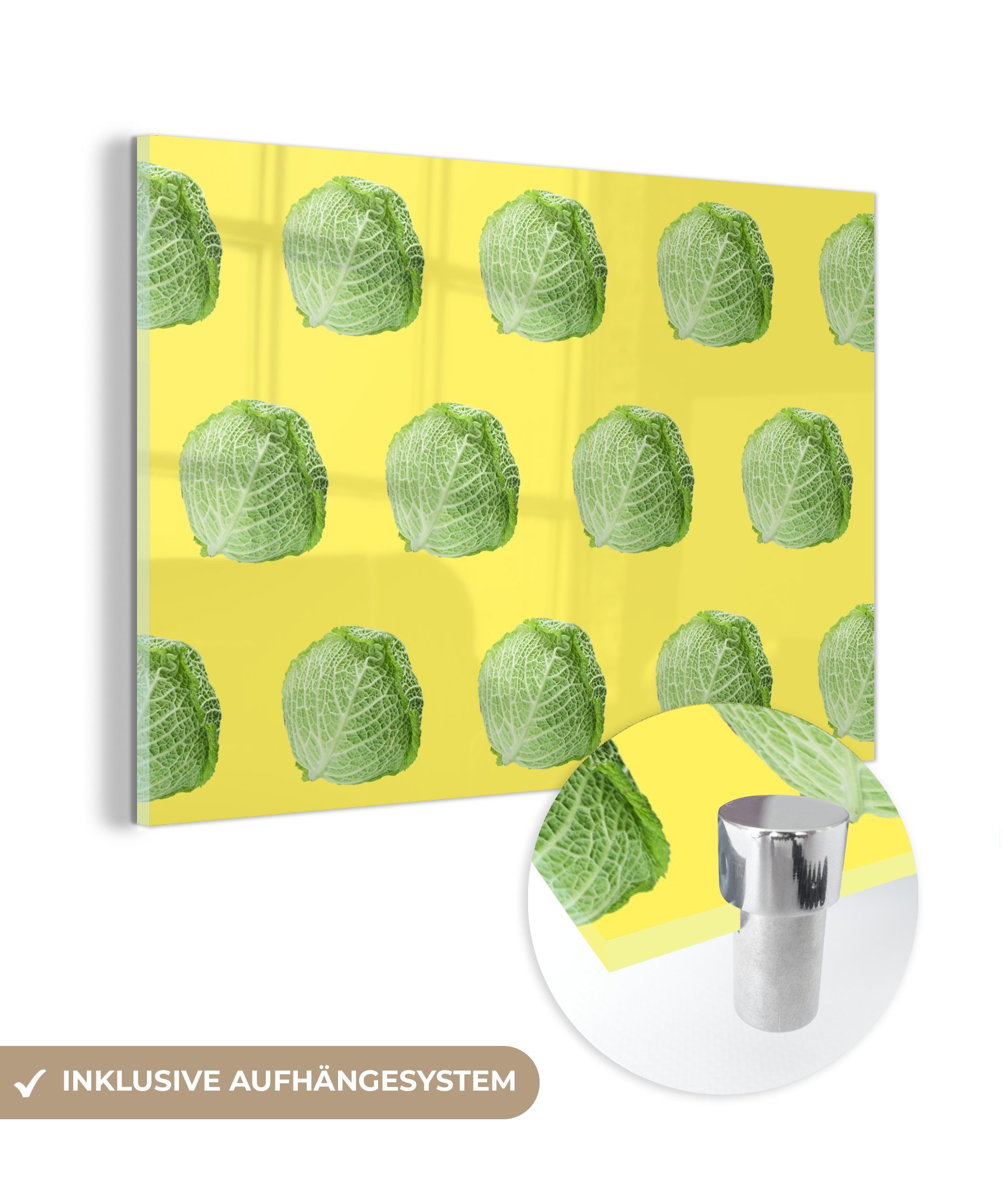 MuchoWow Acrylglasbild Gemüse - Kopfsalat - Muster - Gelb, (1 St), Glasbilder - Bilder auf Glas Wandbild - Foto auf Glas - Wanddekoration