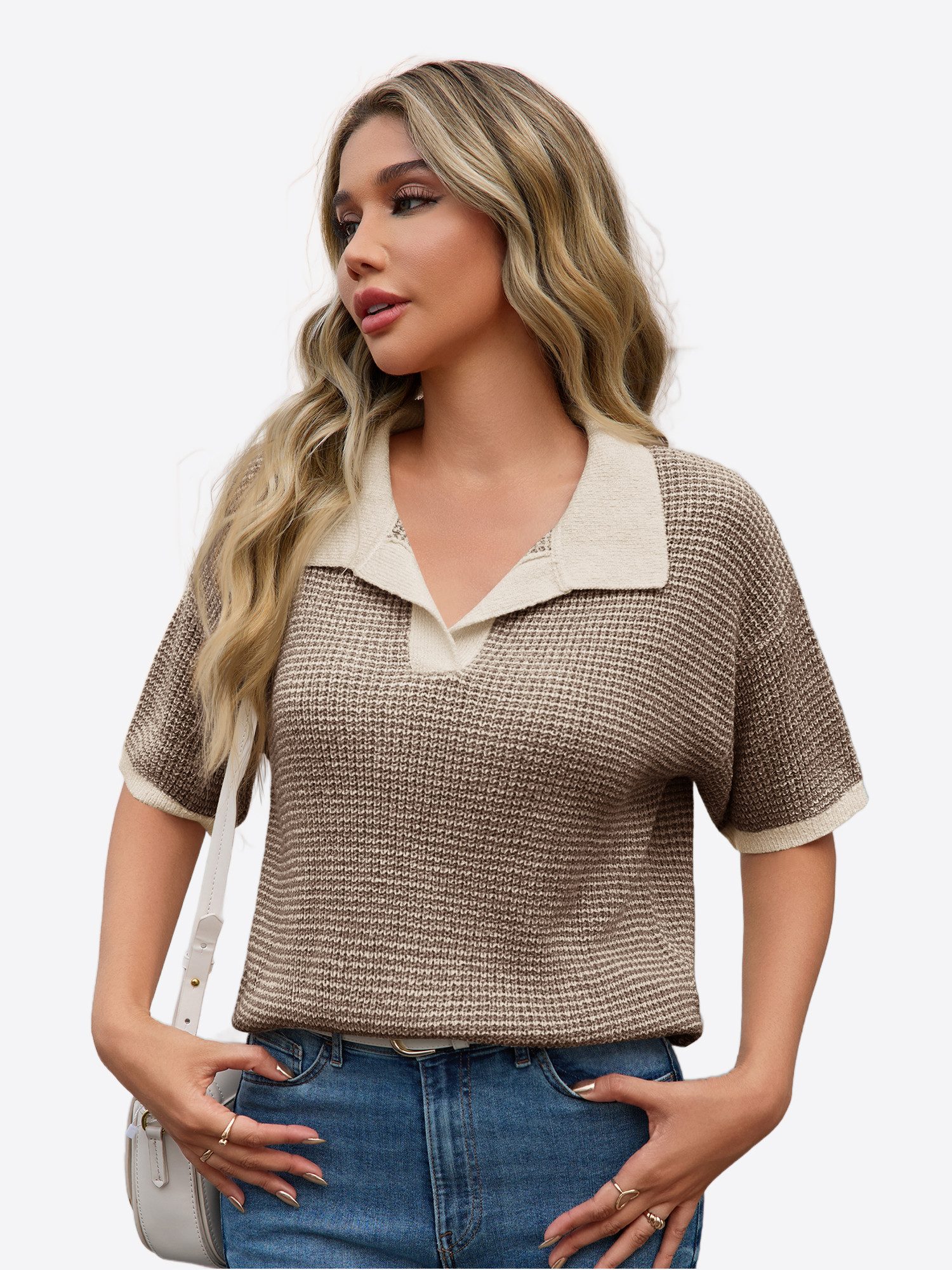 Imily Bela Strickpullover Damen gestreifter Pullover mit Polokragen (Packung, 1-tlg., 1per-Pack) V-Ausschnitt