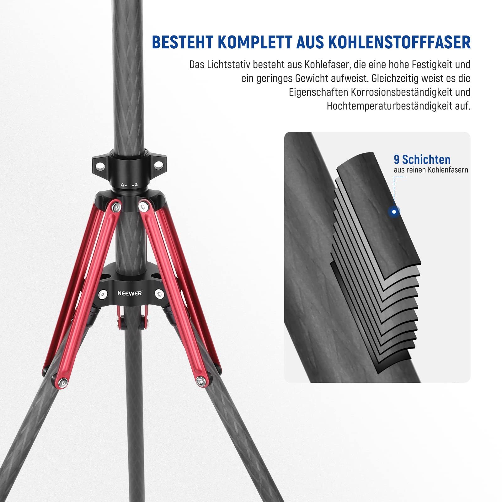 Neewer ST210R Carbon Lichtstativ, 220cm tragbares Reisestativ, mit Tasche Lampenstativ (1/4" auf 3/8" Schraubenadapter, für Outdoor Fotografie Speedlite)