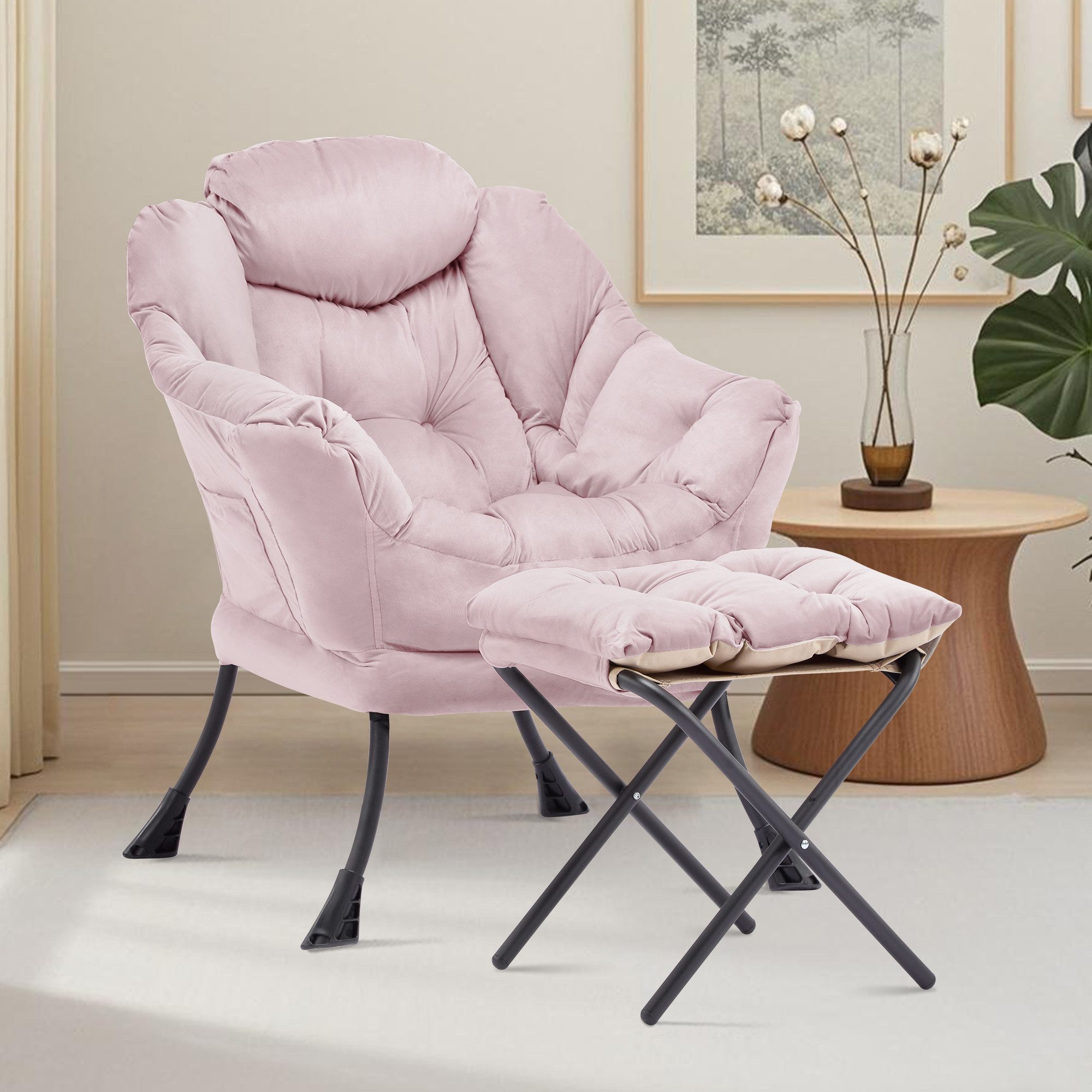 Aunekiv Sessel mit Hocker, Seitenfach & Wingback-Design, Moderner Relaxsessel für Wohnzimmer & kleine Räume