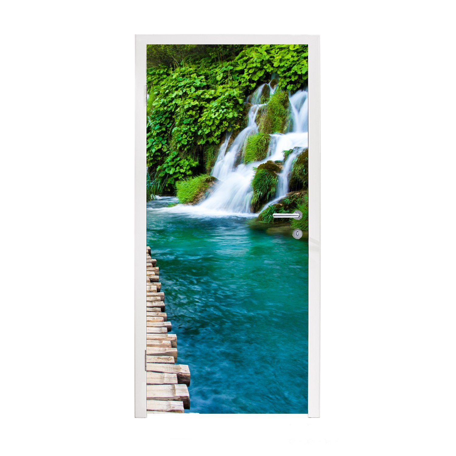 MuchoWow Türtapete Brücke - Wasser - Pflanzen - Wasserfall - Grün, Matt, bedruckt, (1 St), Fototapete für Tür, Türaufkleber, 75x205 cm